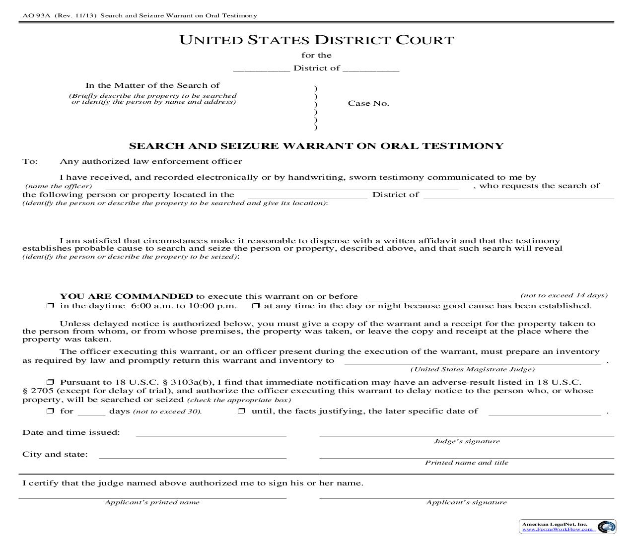 Search And Seizure Warrant On Oral Testimony {AO 93A} | Pdf Fpdf Doc Docx | Official Federal Forms