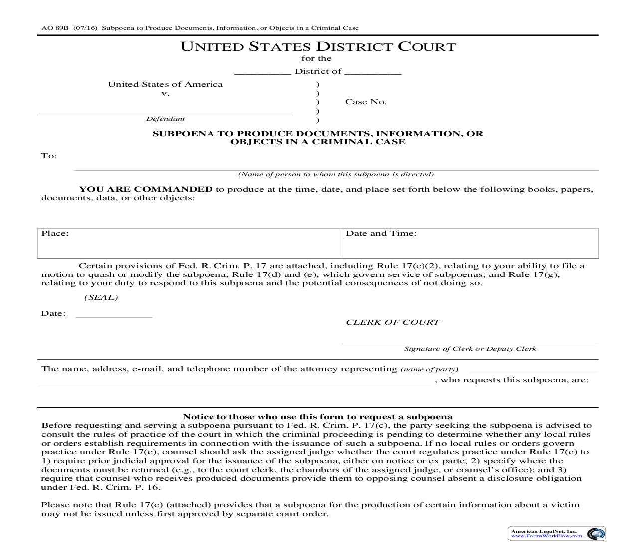 Subpoena To Produce Documents Information Or Objects In A Criminal Case {AO 89B} | Pdf Fpdf Doc Docx | Official Federal Forms