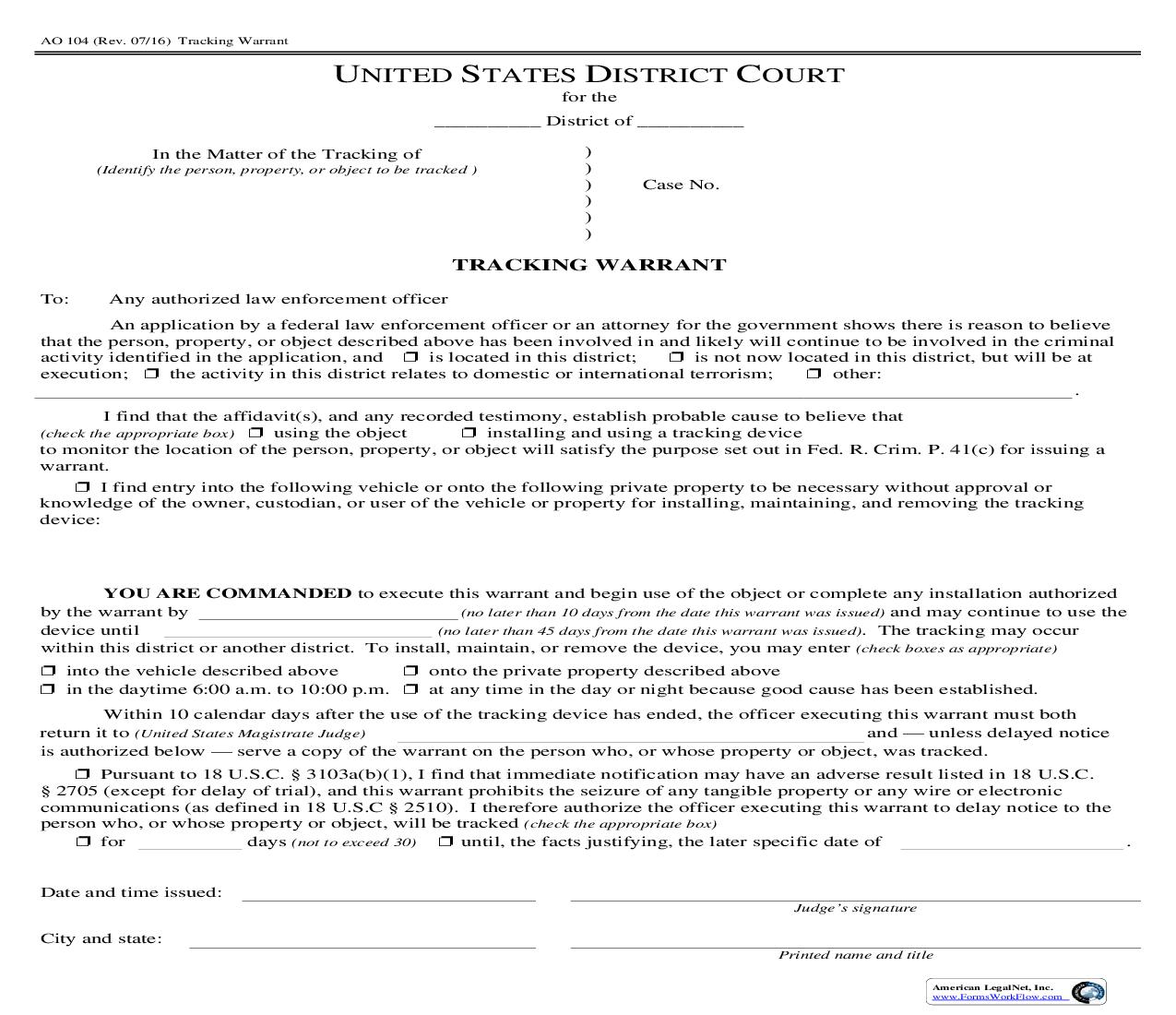 Tracking Warrant {AO 104} | Pdf Fpdf Doc Docx | Official Federal Forms