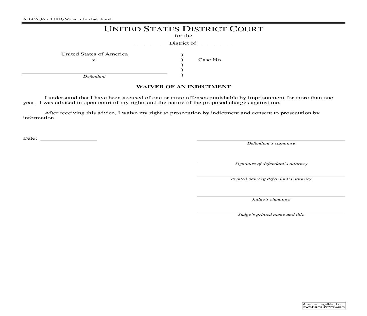 Waiver Of An Indictment {AO 455} | Pdf Fpdf Doc Docx | Official Federal Forms