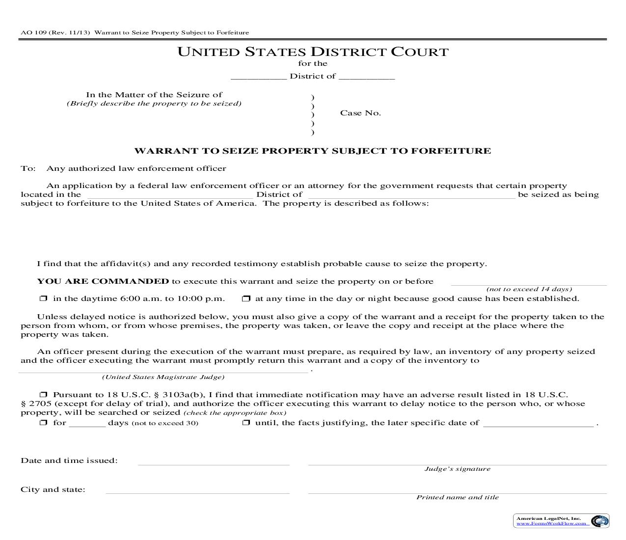 Warrant To Seize Personal Property Subject To Civil Forfeiture {AO 109} | Pdf Fpdf Doc Docx | Official Federal Forms