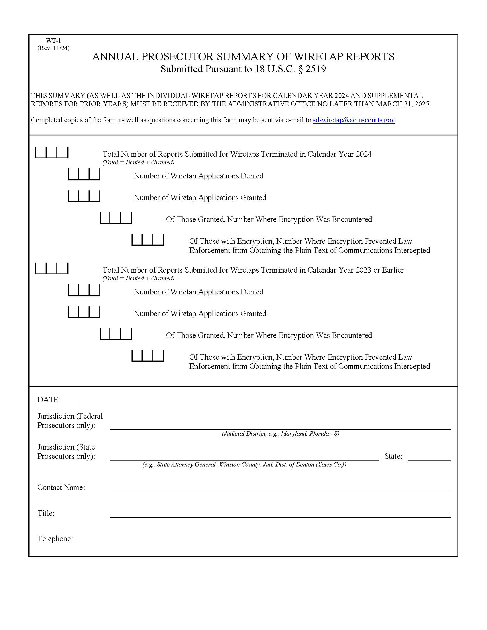 Annual Prosecutor Summary Of Wiretap Reports {WT-1} | Pdf Fpdf Doc Docx | Official Federal Forms