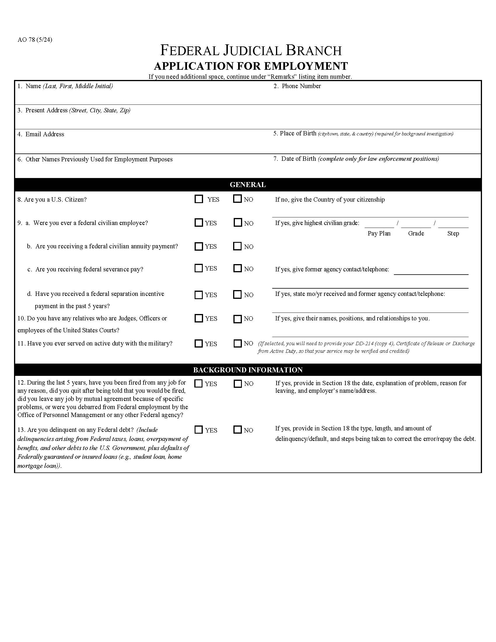 Application For Judicial Branch Federal Employment {AO 78} | Pdf Fpdf Doc Docx | Official Federal Forms