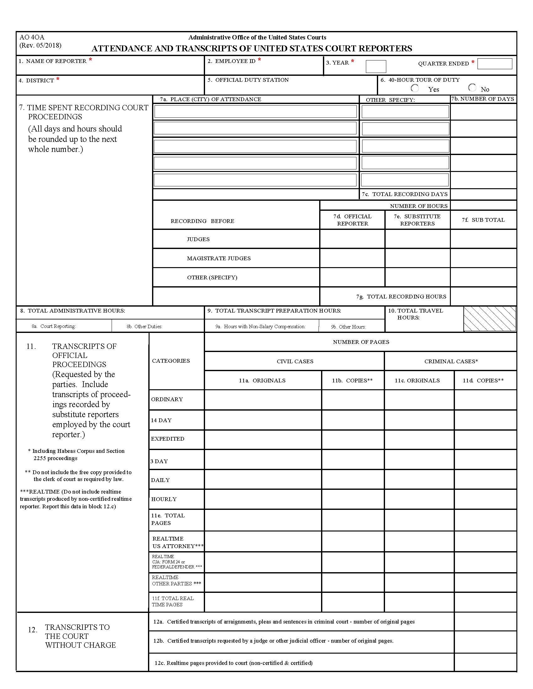 Attendance And Transcripts Of United States Court Reporters {AO 40A} | Pdf Fpdf Docx | Official Federal Forms