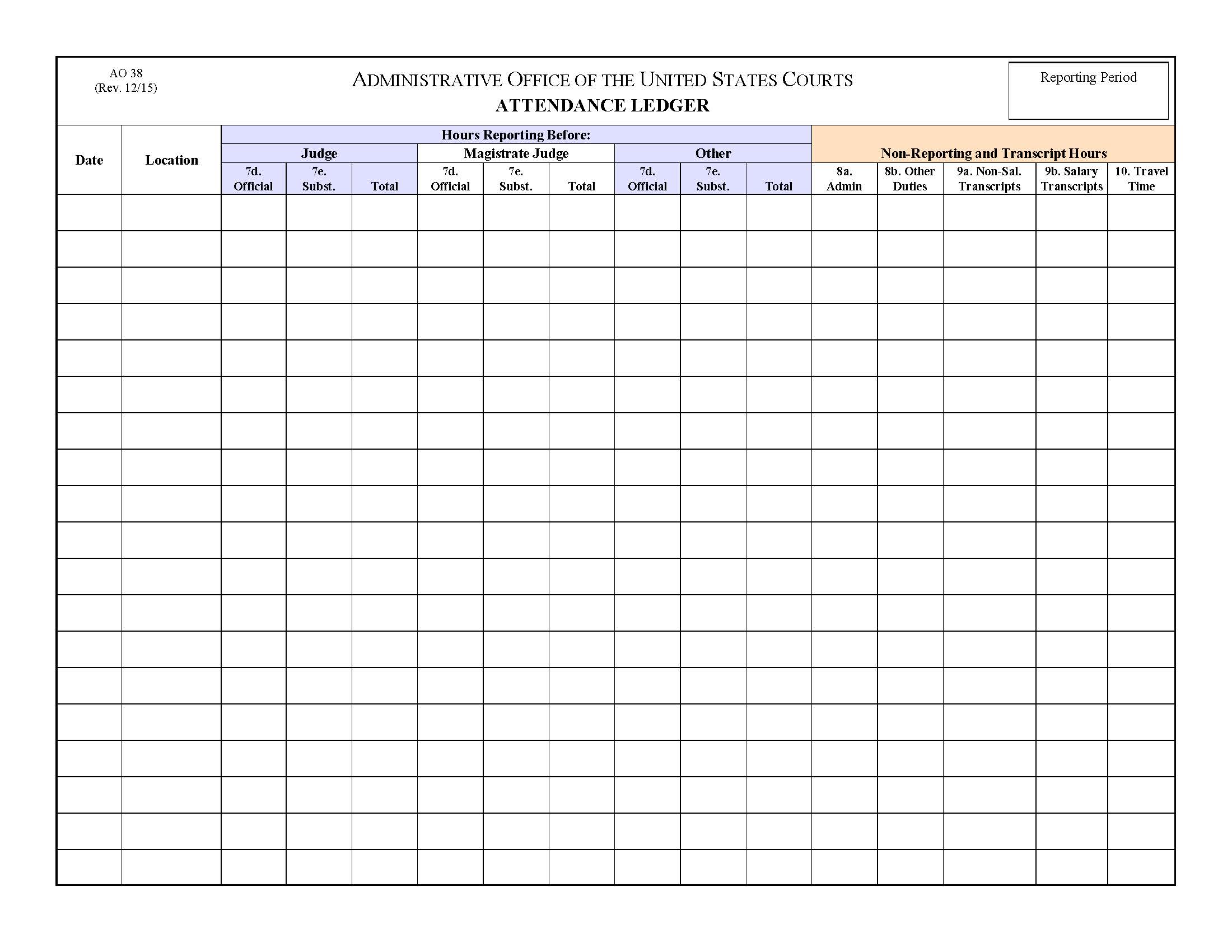 Attendance Ledger {AO 38} | Pdf Fpdf Doc Docx | Official Federal Forms