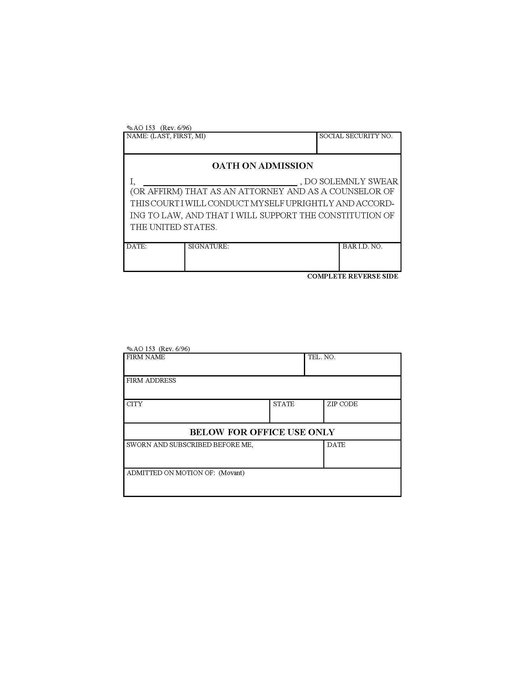 Attorney Oath On Admission {AO 153} | Pdf Fpdf Doc Docx | Official Federal Forms