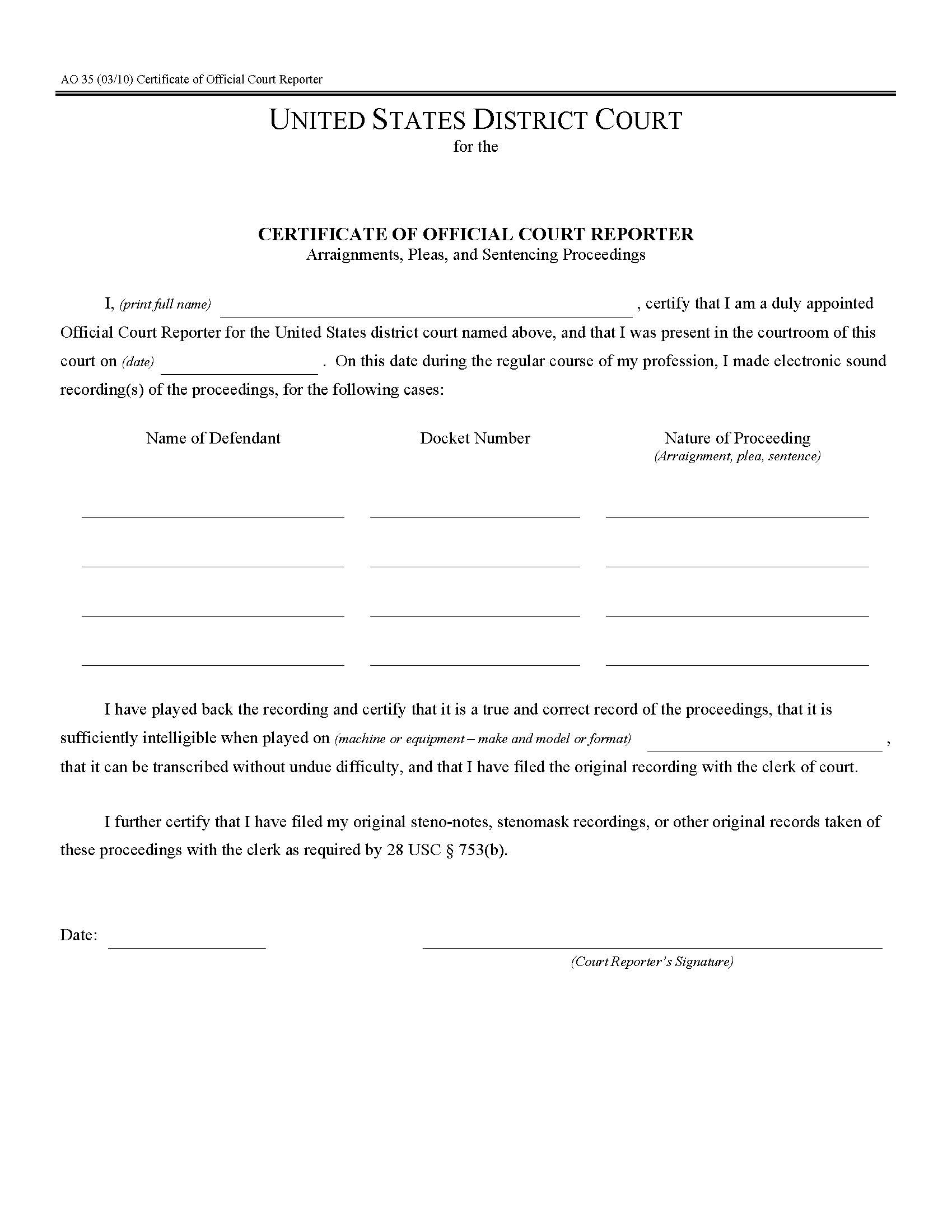 Certificate Of Official Court Reporter {AO 35} | Pdf Fpdf Doc Docx | Official Federal Forms