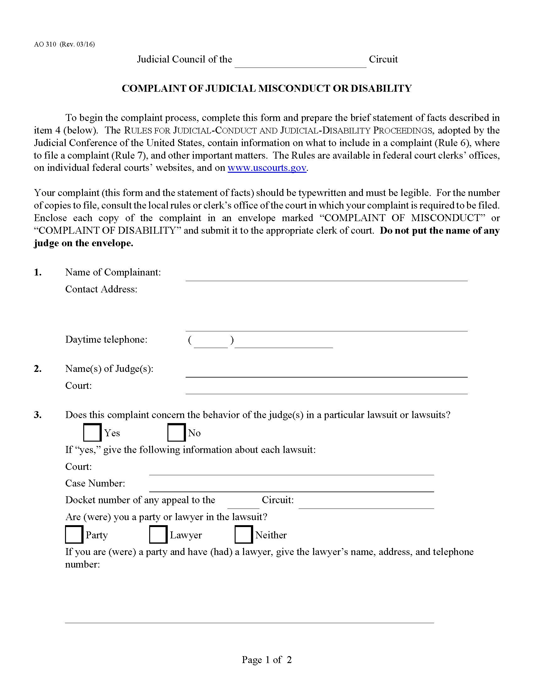 Complaint Of Judicial Misconduct Or Disability {AO 310} | Pdf Fpdf Doc Docx | Official Federal Forms