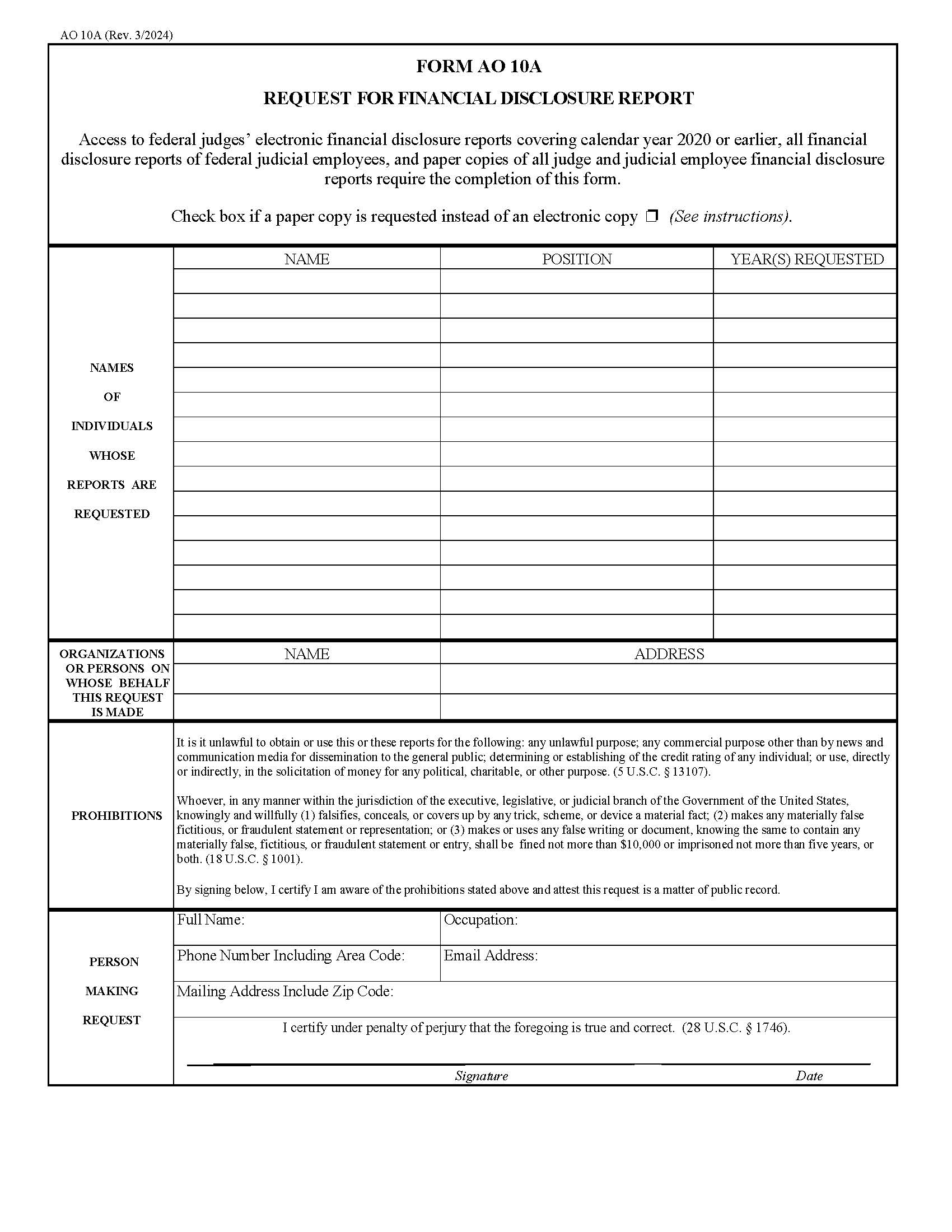 Financial Disclosure Report Request (For Examination Or Report Filed) {AO 10A} | Pdf Fpdf Docx | Official Federal Forms