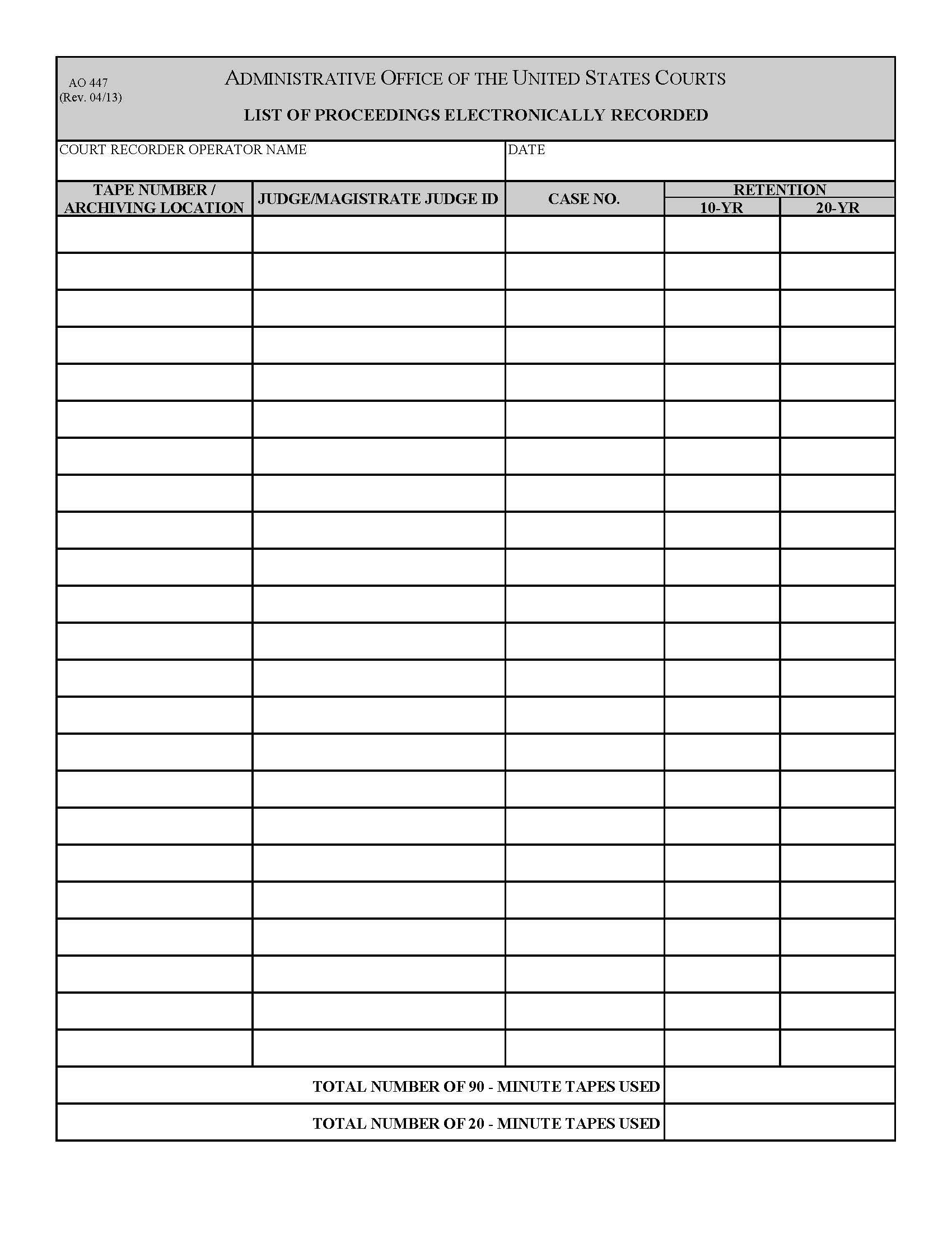List Of Proceedings Electronically Recorded {AO 447} | Pdf Fpdf Doc Docx | Official Federal Forms