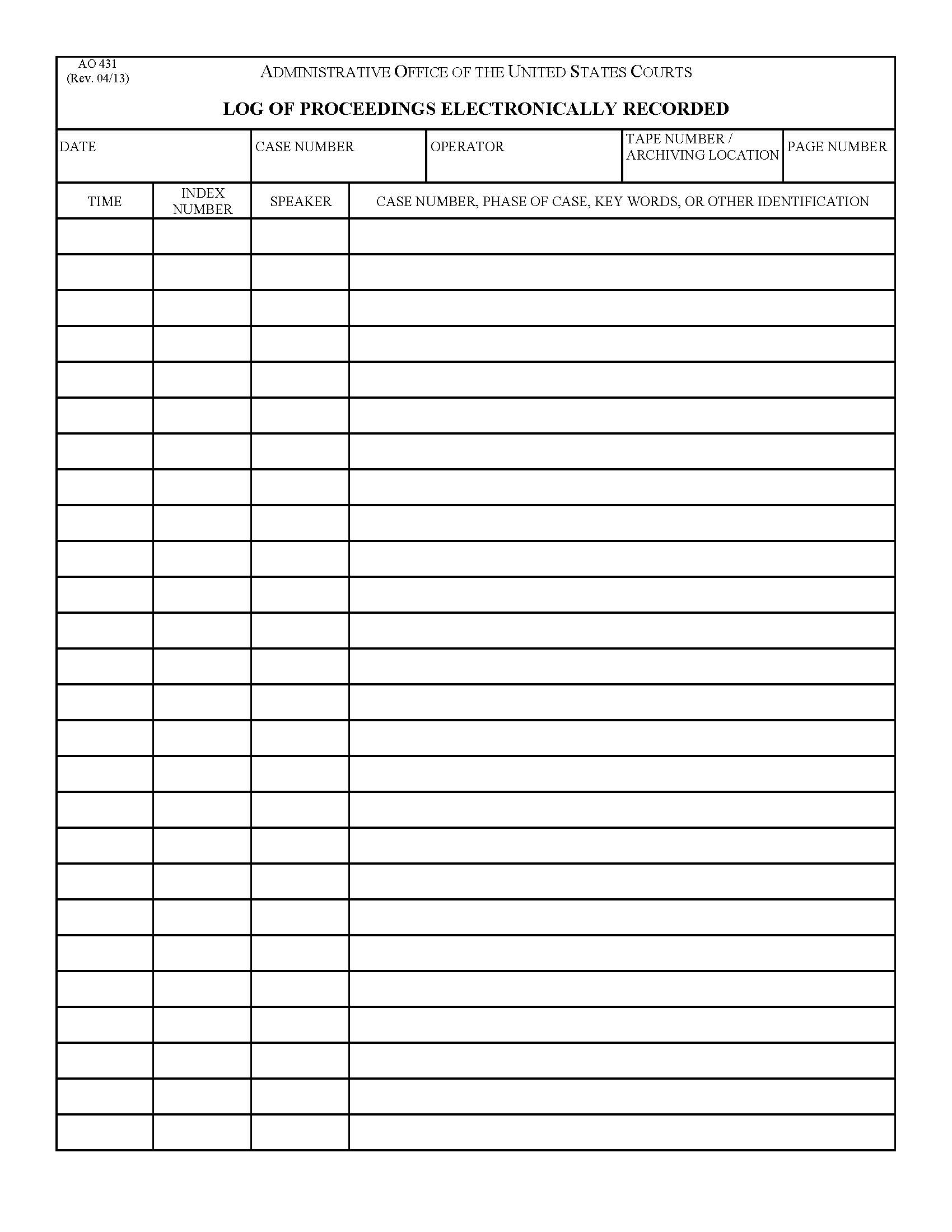 Log Of Proceedings Electronically Recorded {AO 431} | Pdf Fpdf Doc Docx | Official Federal Forms