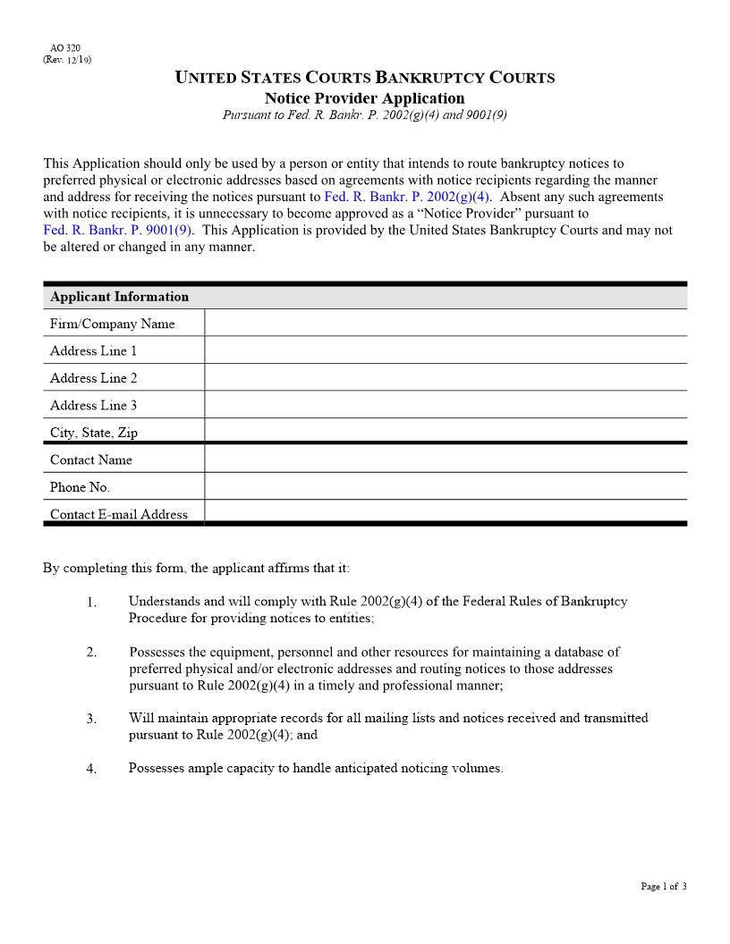 Notice Provider Application (Bankruptcy) {AO 320} | Pdf Fpdf Doc Docx | Official Federal Forms