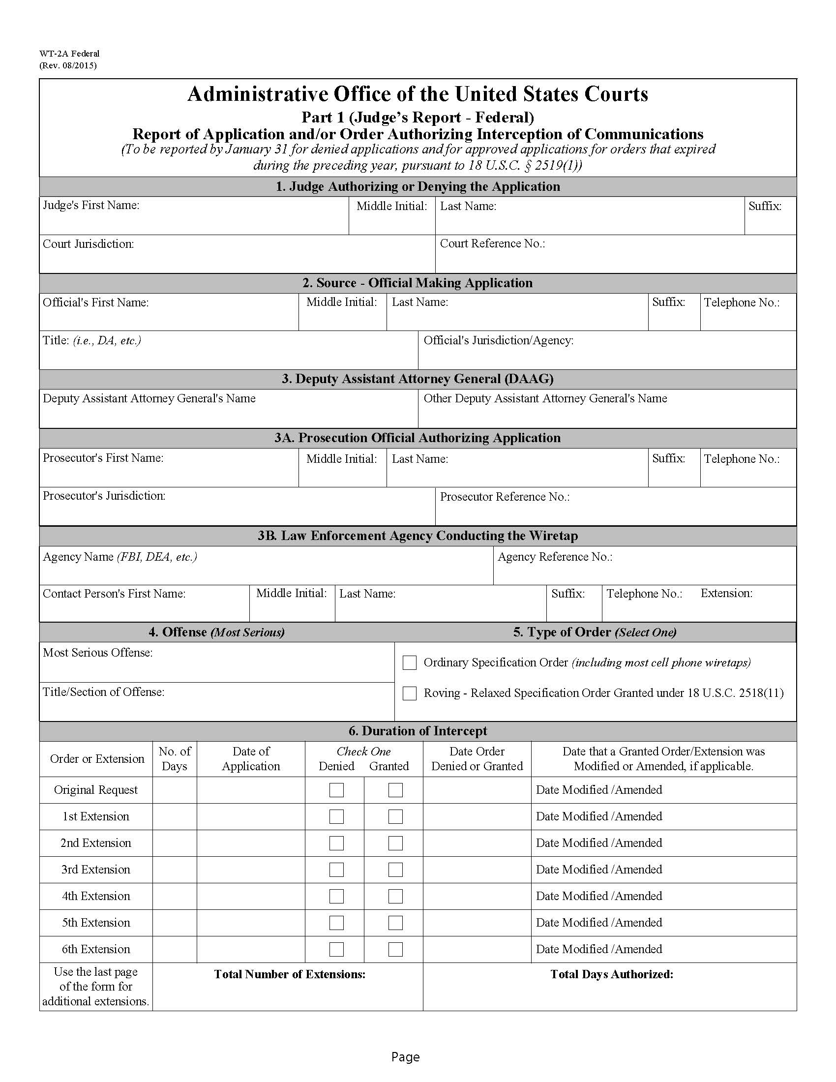 Report Of Application And-Or Order Authorizing Interception Of Communications (Federal) {WT-2A} | Pdf Fpdf Doc Docx | Official Federal Forms