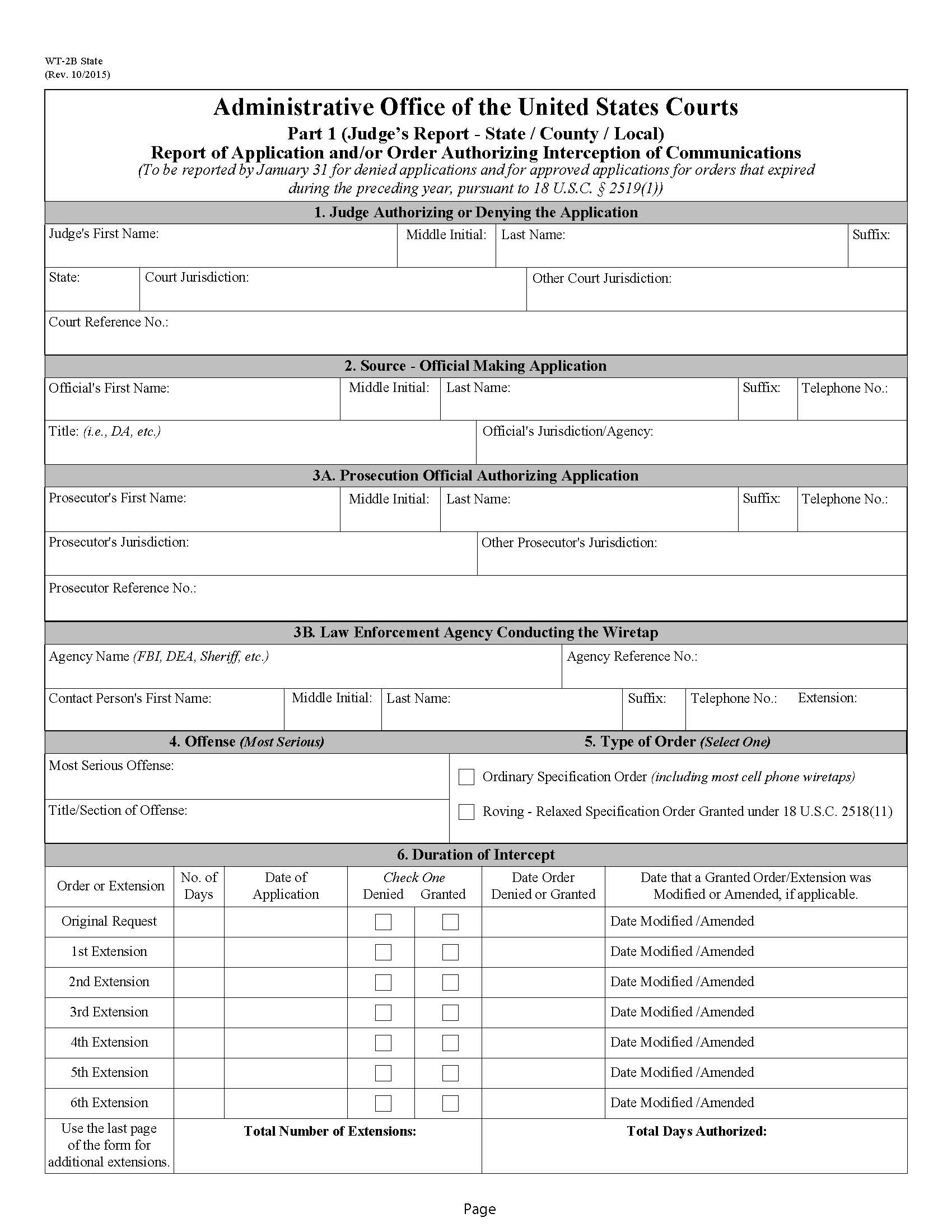 Report Of Application And-Or Order Authorizing Interception Of Communications (State-County-Local) {WT-2B} | Pdf Fpdf Doc Docx | Official Federal Forms
