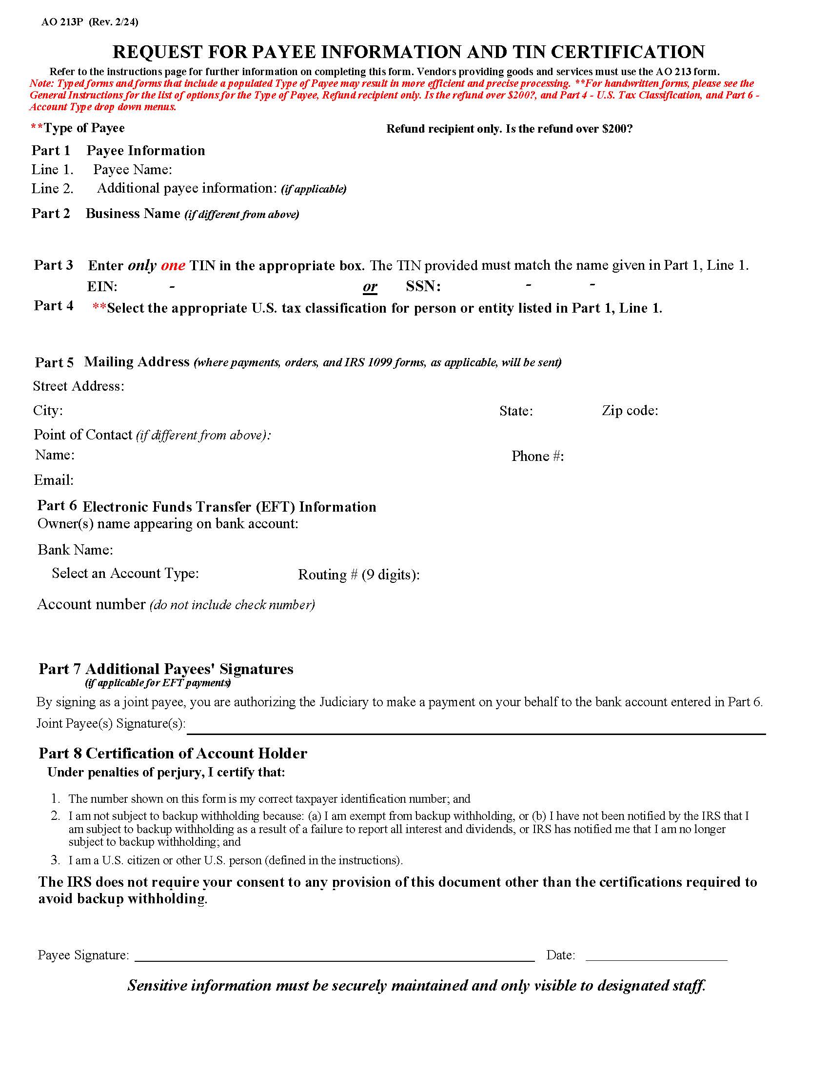 Request For Payee Information And Tin Certification {AO 213P} | Pdf Fpdf Docx | Official Federal Forms