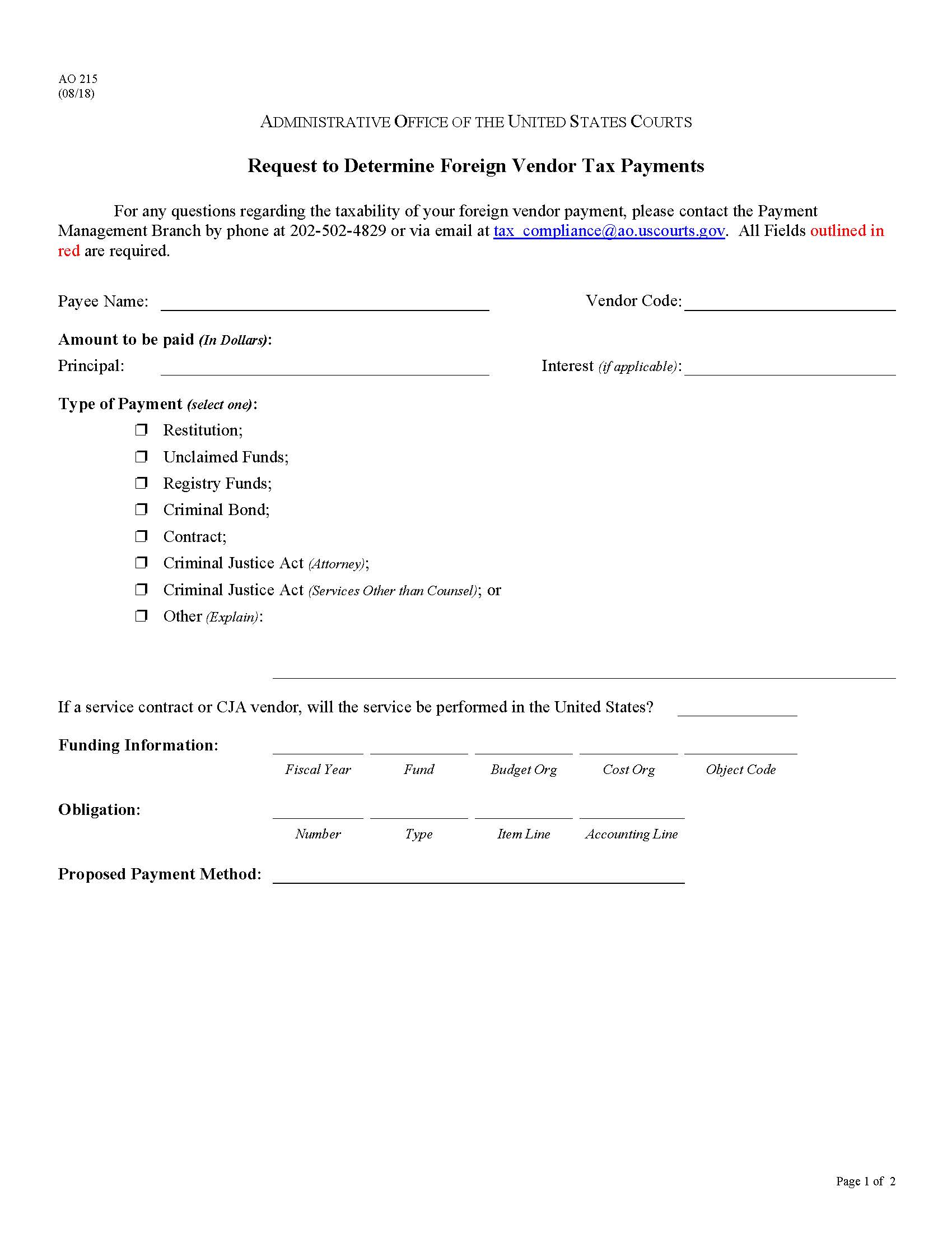 Request To Determine Foreign Vendor Tax Payments {AO 215} | Pdf Fpdf Docx | Official Federal Forms