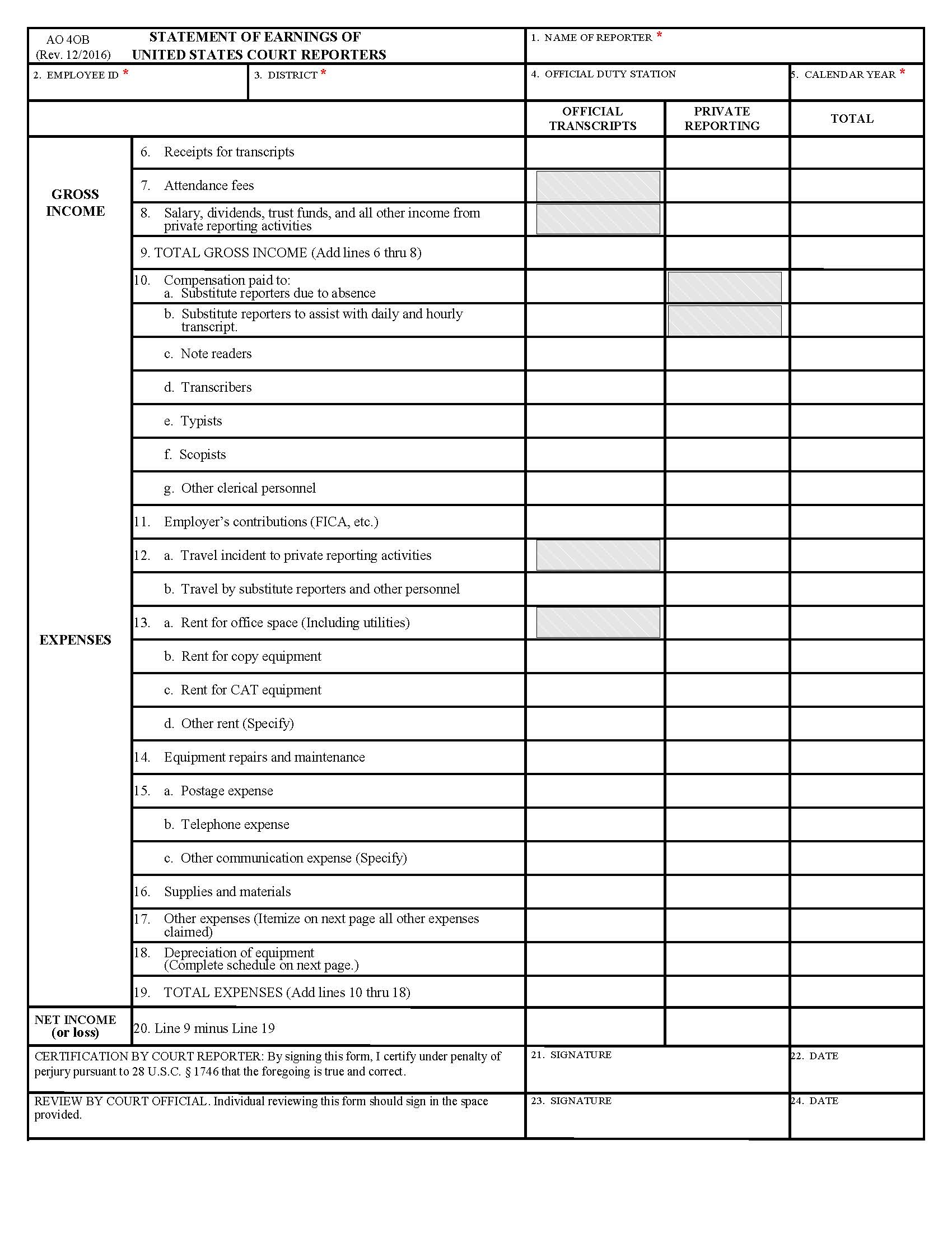 Statement Of Earnings Of United States Court Reporters {AO 40B} | Pdf Fpdf Doc Docx | Official Federal Forms