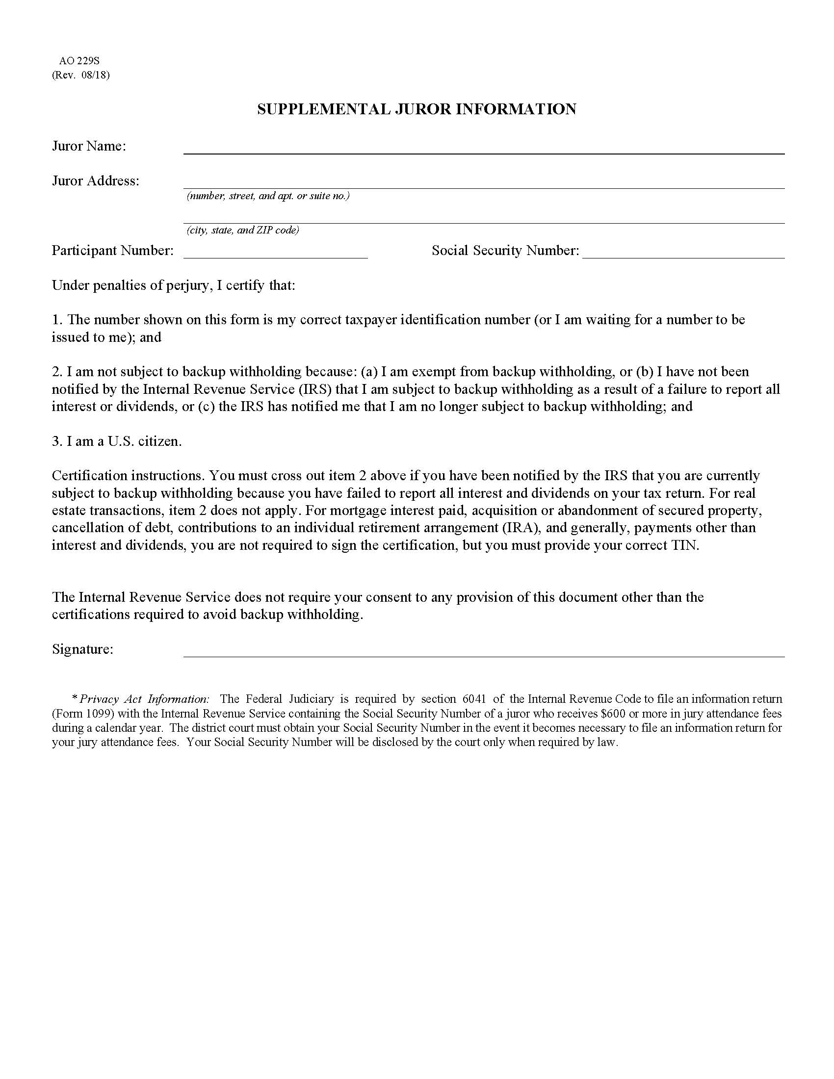Supplemental Juror Information {AO 229S} | Pdf Fpdf Docx | Official Federal Forms