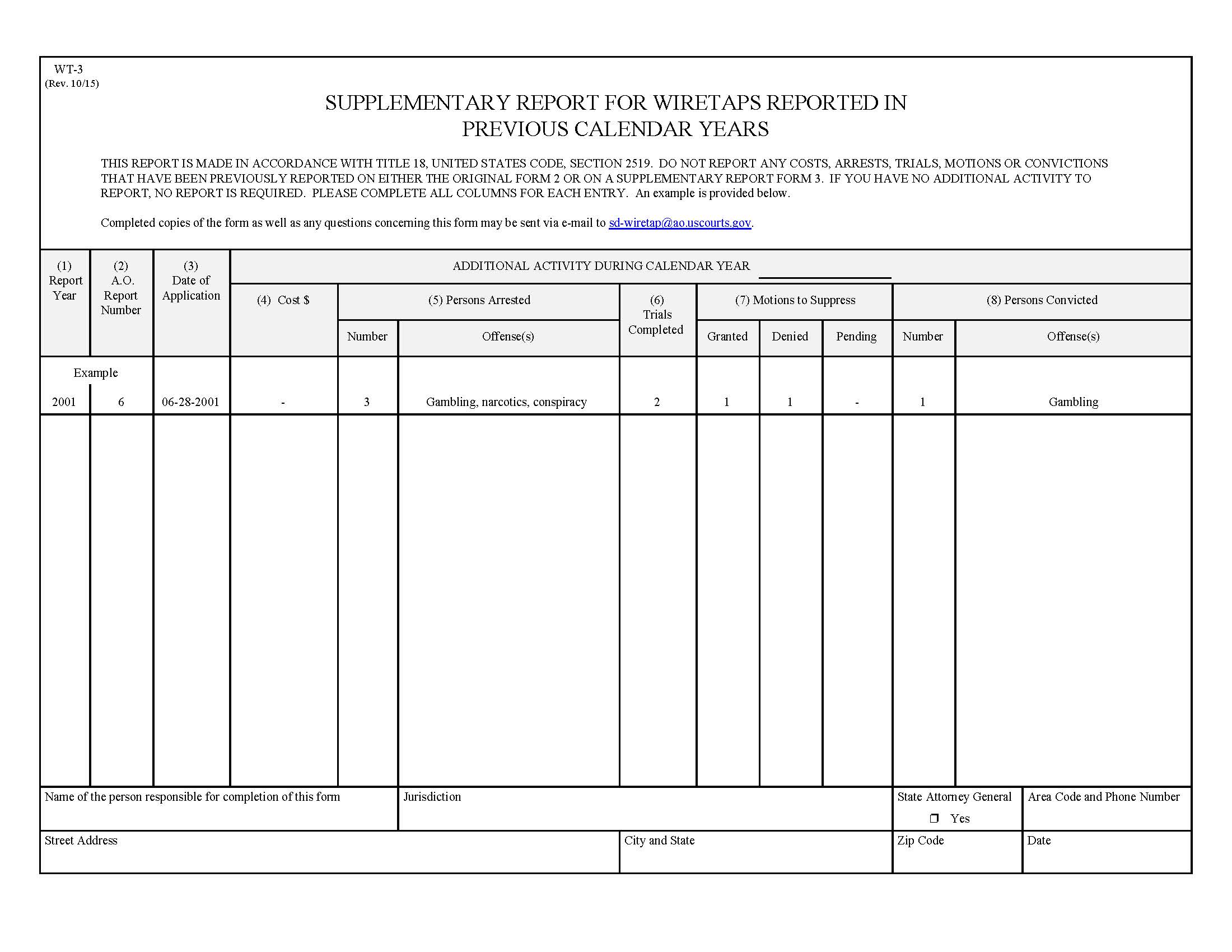Supplementary Report For Wiretaps Reported In Previous Calendar Years {WT-3} | Pdf Fpdf Doc Docx | Official Federal Forms