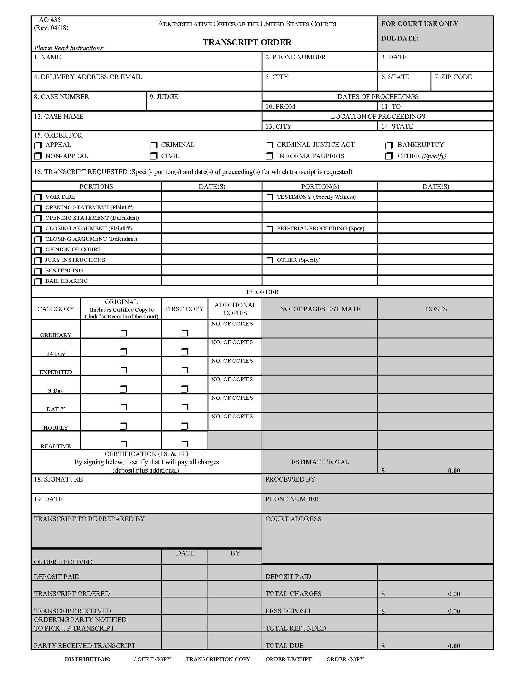 Transcript Order {AO 435} | Pdf Fpdf Doc Docx | Official Federal Forms