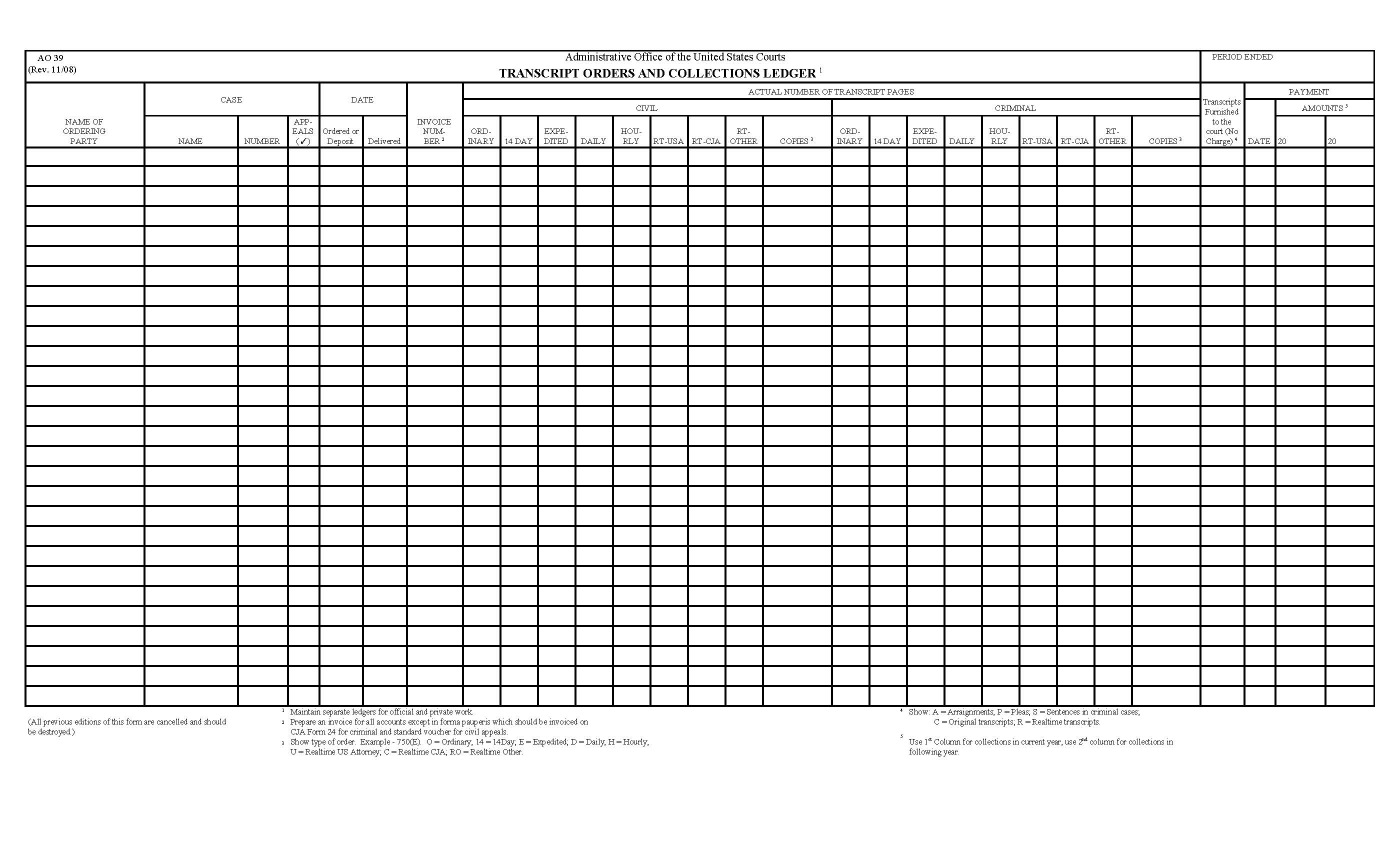 Transcript Orders And Collections Ledger {AO 39} | Pdf Fpdf Doc Docx | Official Federal Forms