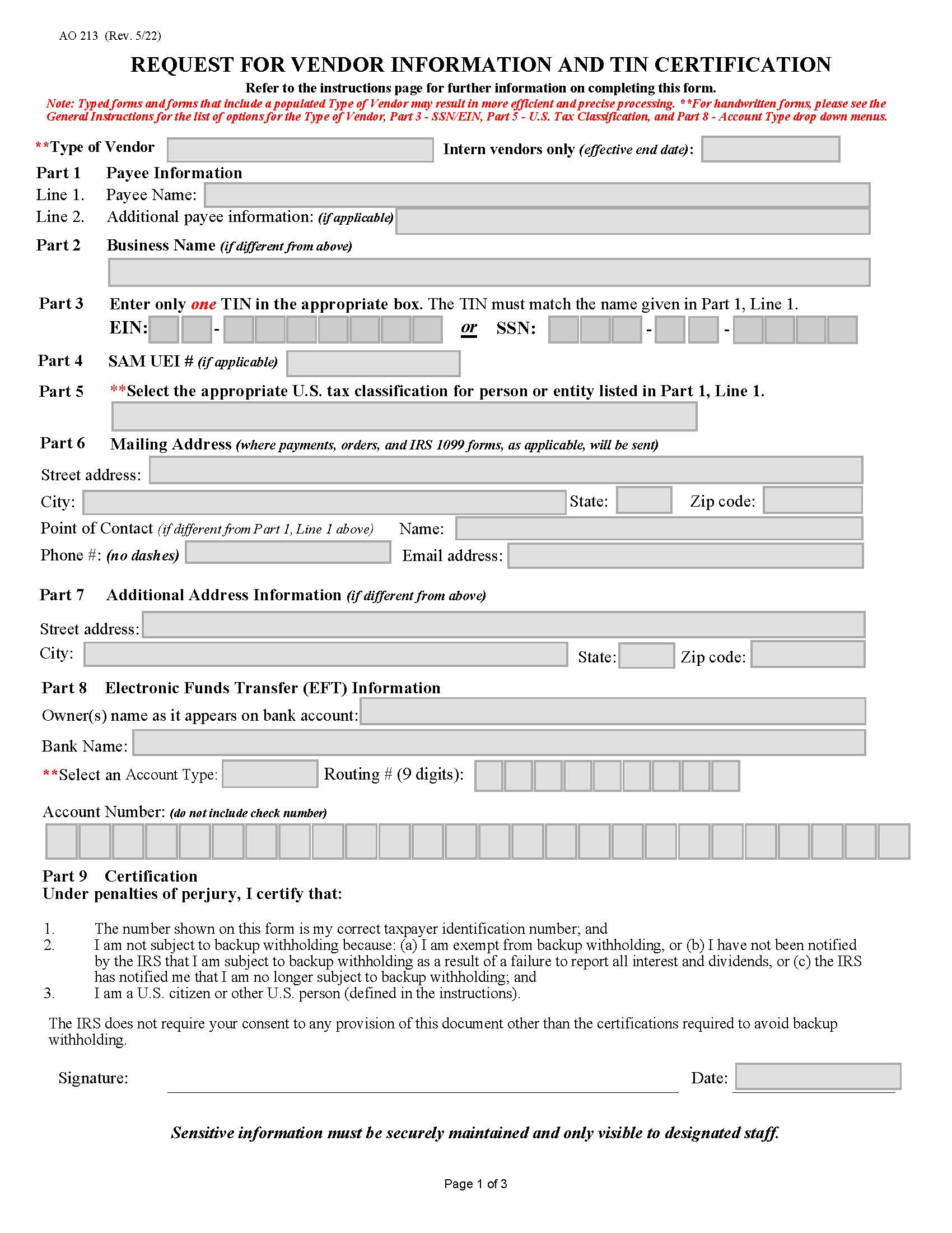 Vendor Information-Tin Certification {AO 213} | Pdf Fpdf Docx | Official Federal Forms