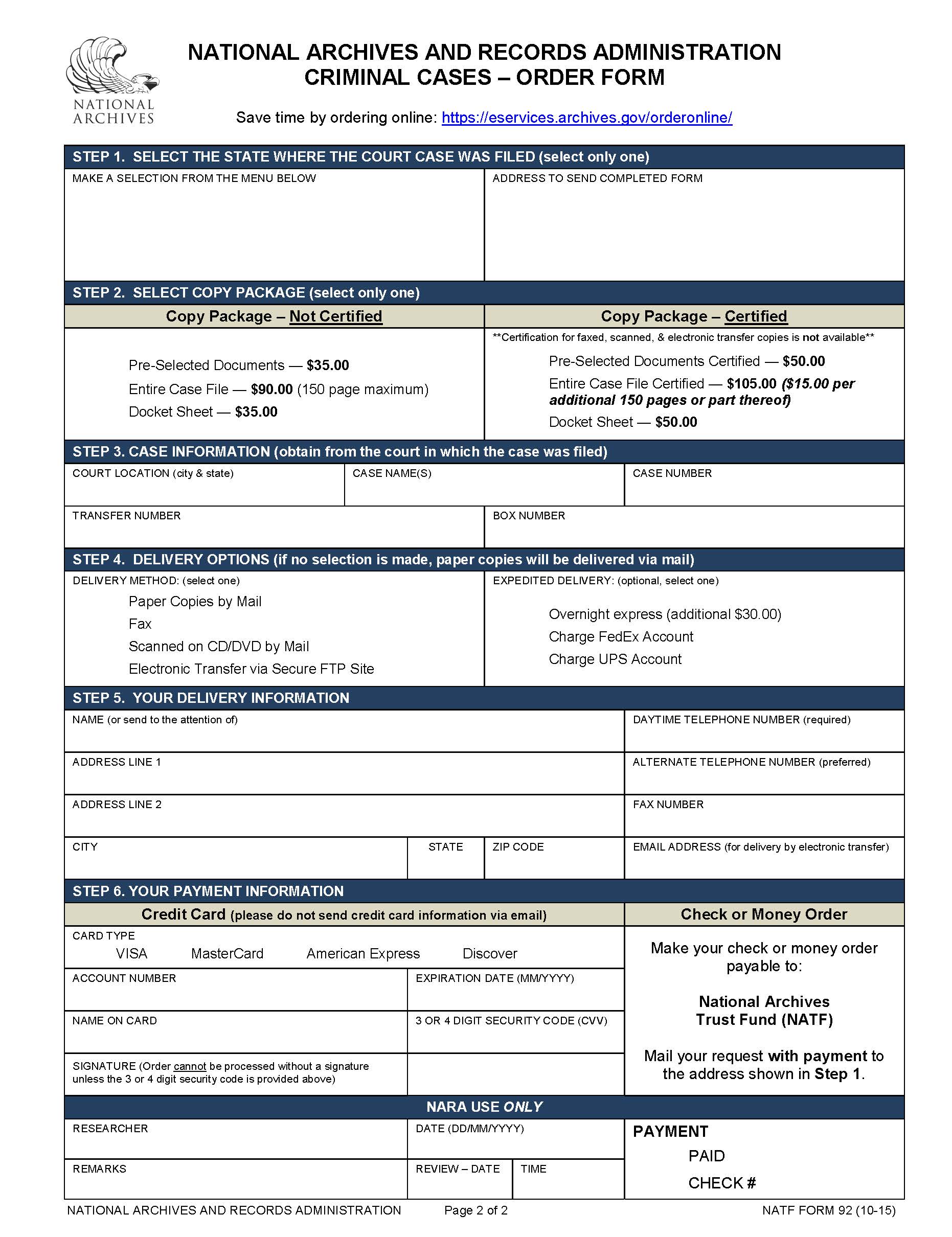 Criminal Cases Order Form {NAFT 92} | Pdf Fpdf Doc Docx | Official Federal Forms