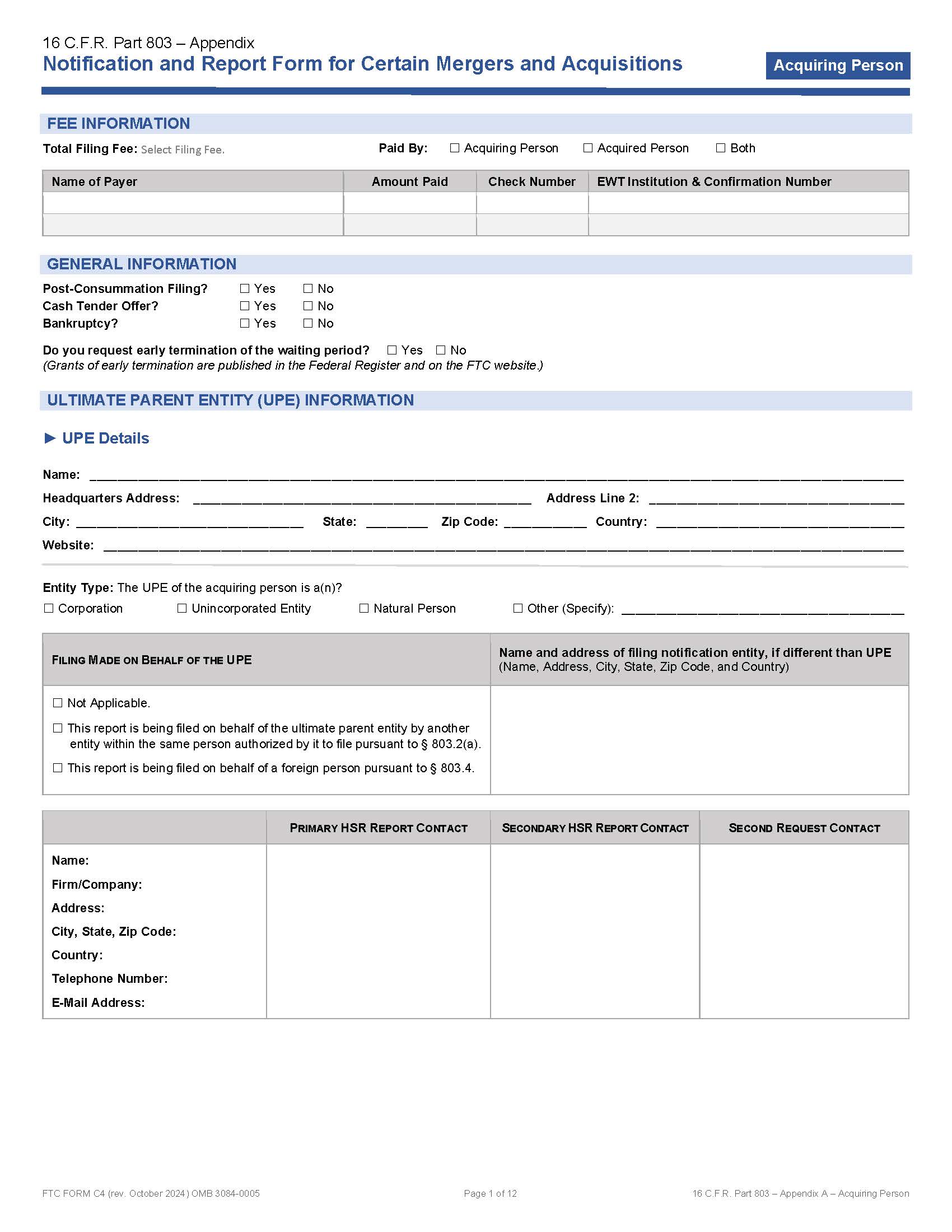 Notification And Report Form For Certain Mergers And Acquisitions- Acquiring Person {C4} | Pdf Fpdf Doc Docx | Official Federal Forms