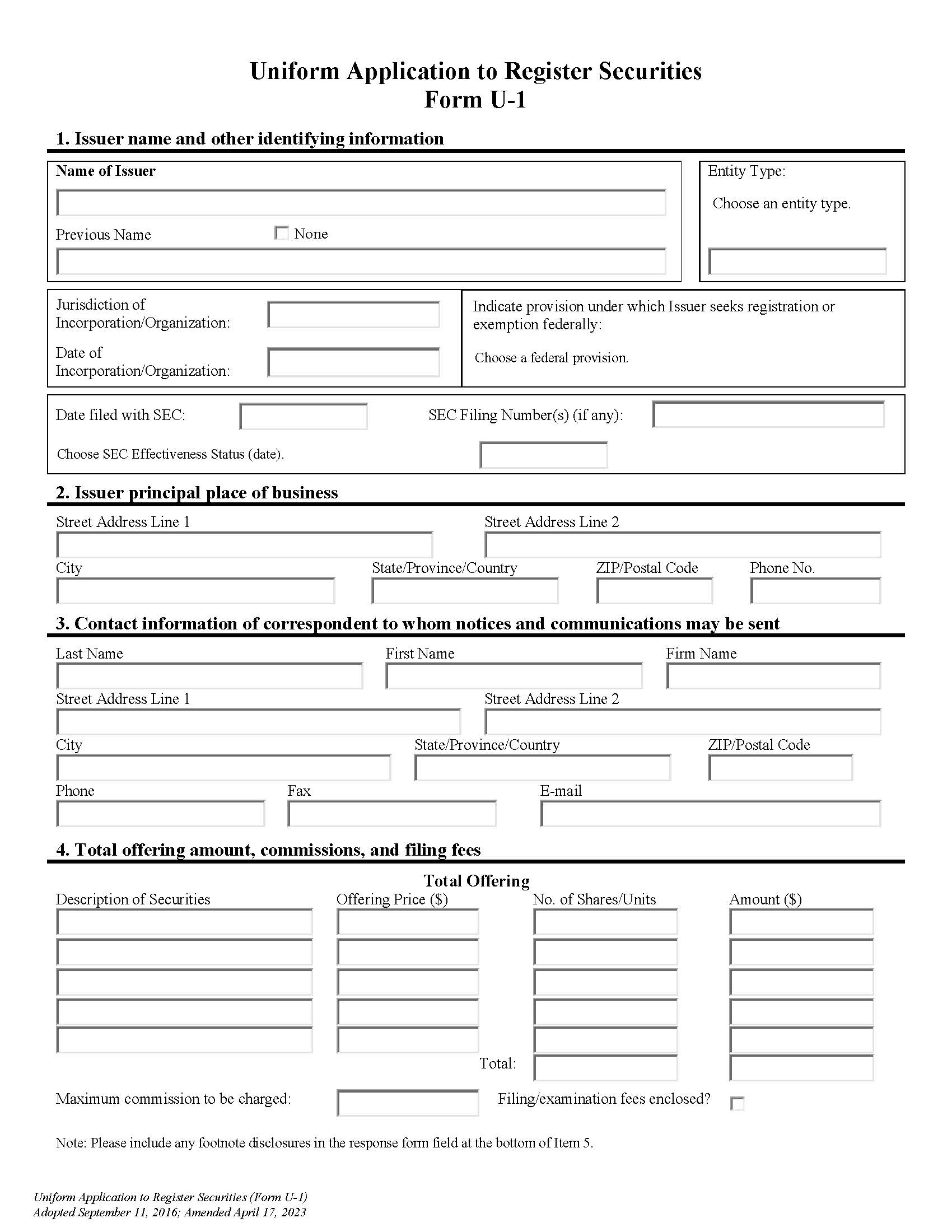 Form U-1 Uniform Application To Register Securities {U-1} | Pdf Fpdf Doc Docx | Official Federal Forms