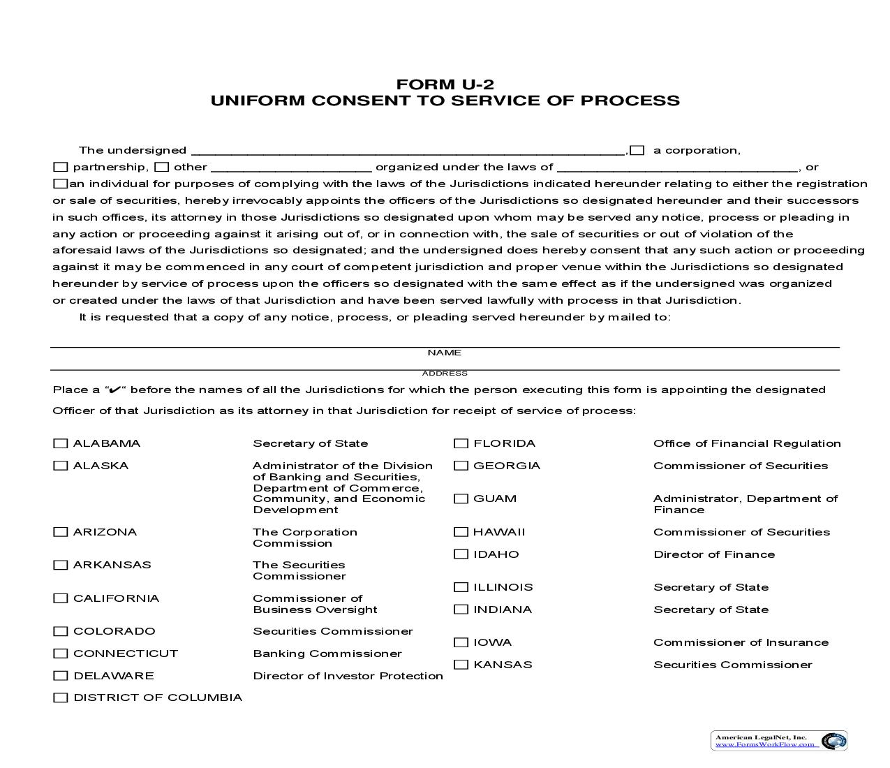 Form U-2 Uniform Consent To Service Of Process {U-2} | Pdf Fpdf Doc Docx | Official Federal Forms