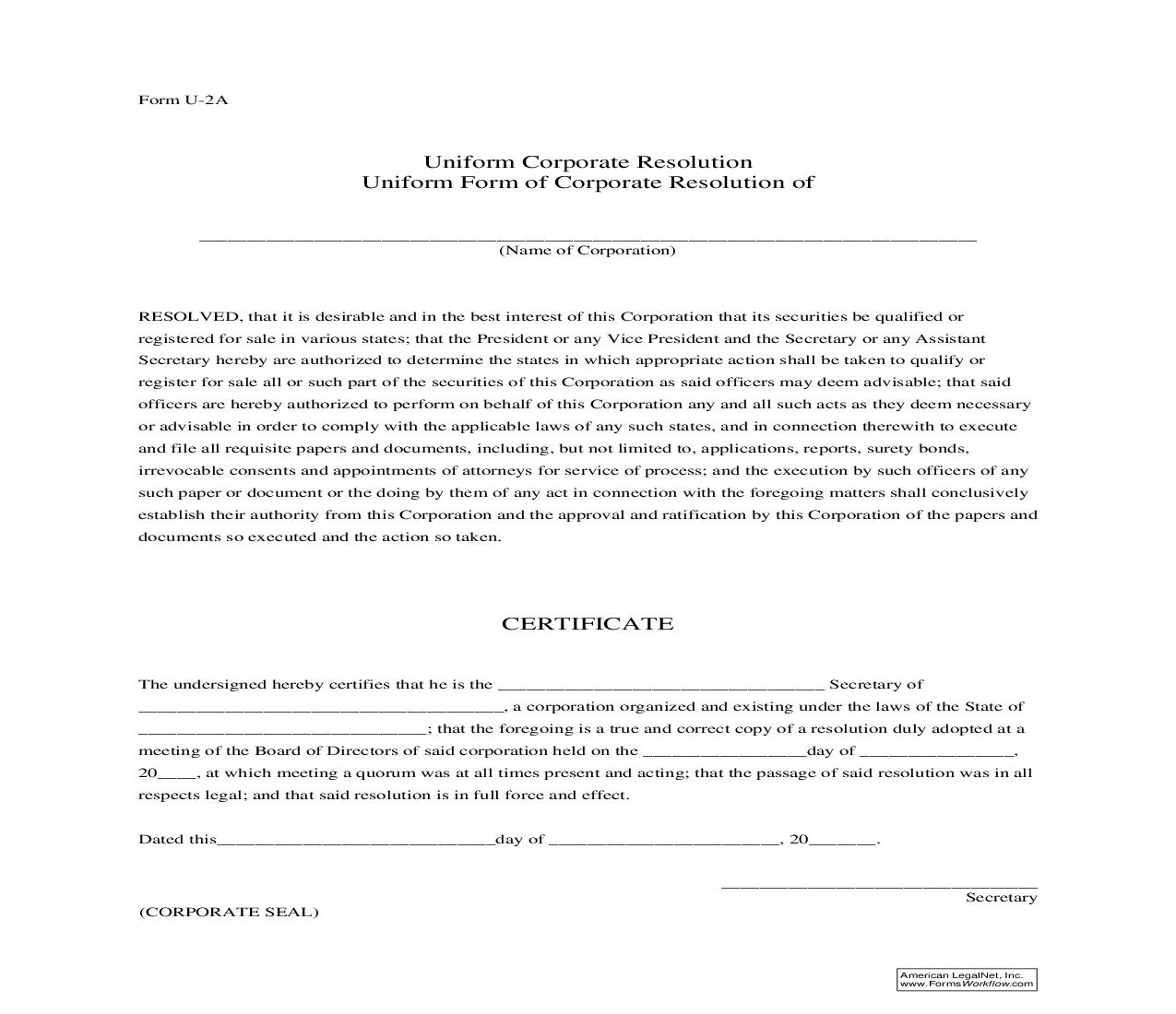 Form U-2 Uniform Corporation Resolution Uniform Form Of Corporate Resolution Of {U-2A} | Pdf Fpdf Doc Docx | Official Federal Forms