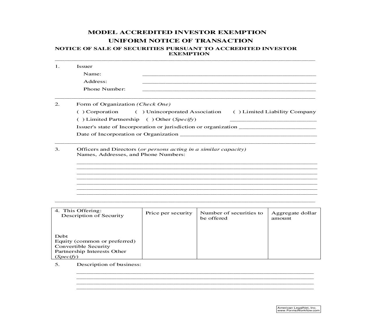 Model Accredited Investor Exemption Uniform Notice Of Transaction | Pdf Fpdf Doc Docx | Official Federal Forms