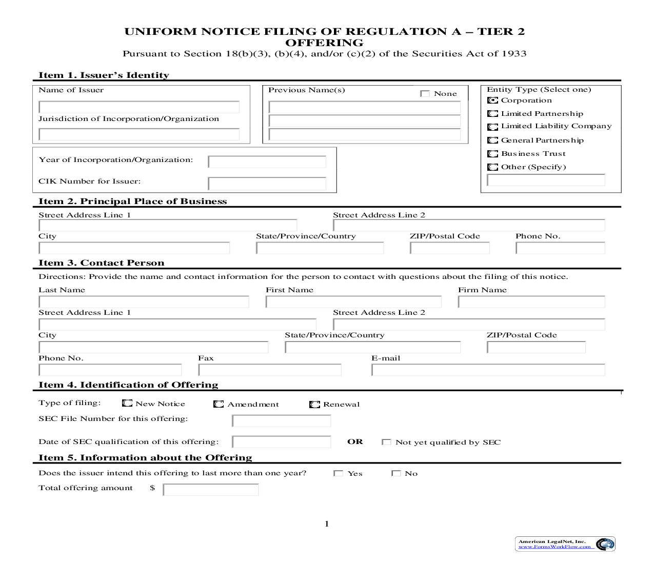 Uniform Notice Filing Of Regulation A-Tier 2 Offering | Pdf Fpdf Doc Docx | Official Federal Forms