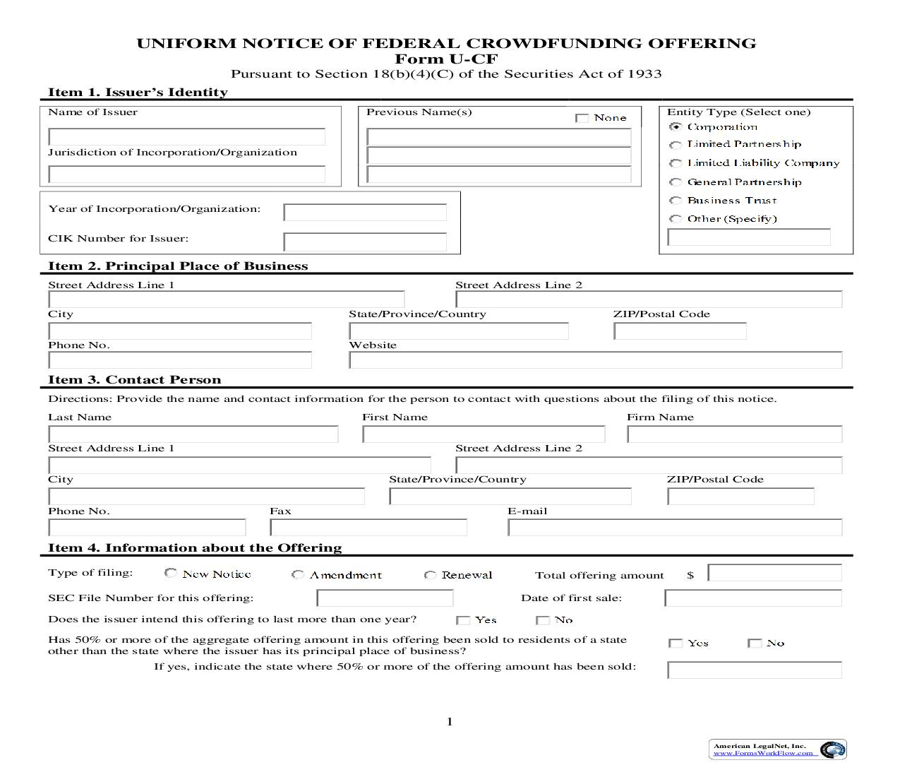 Uniform Notice Of Federal Crowdfunding Offering {U-CF} | Pdf Fpdf Doc Docx | Official Federal Forms