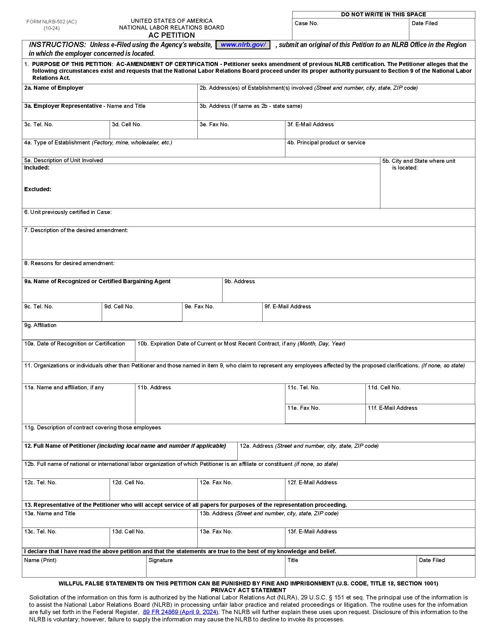 AC Petition {NLRB-502 (AC)} | Pdf Fpdf Docx | Official Federal Forms