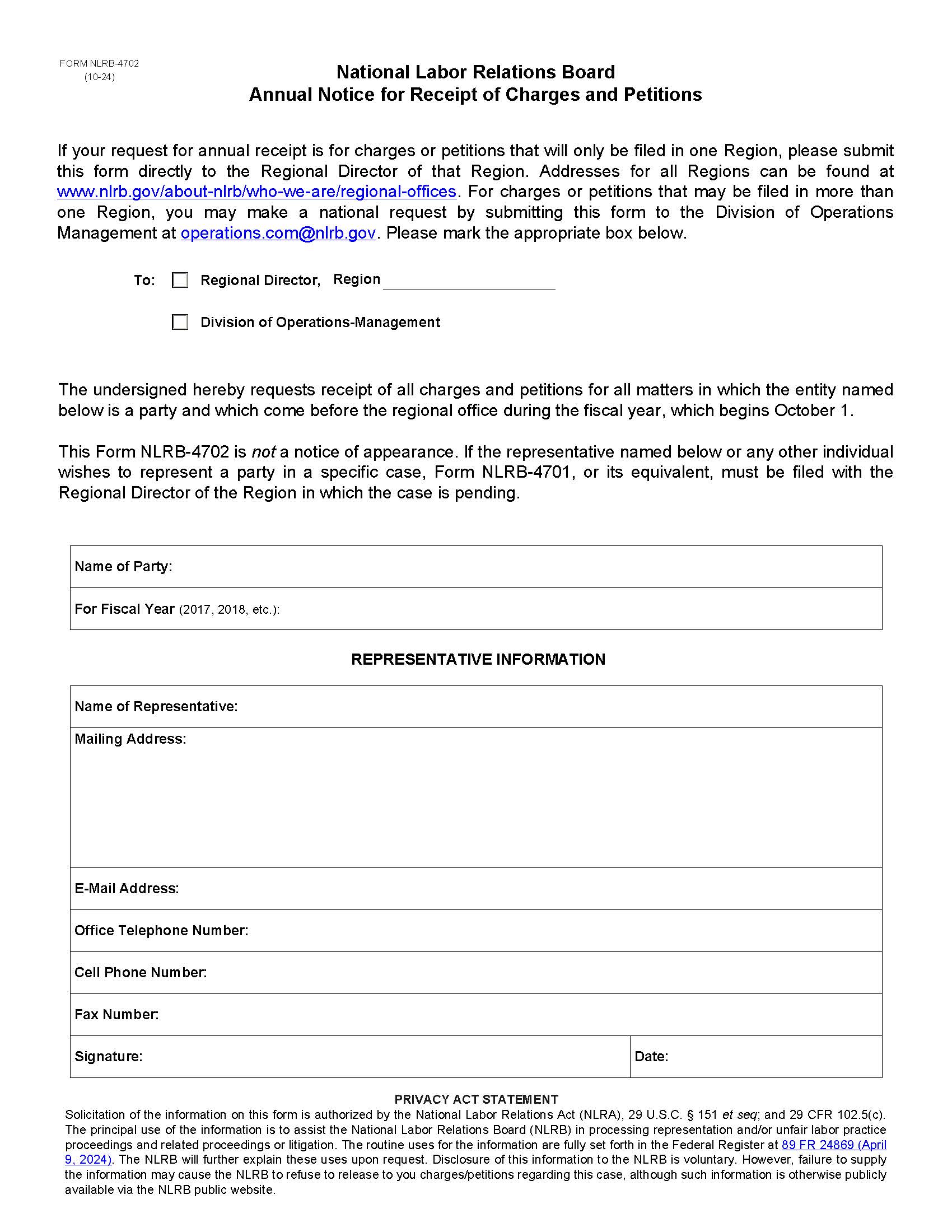 Annual Notice For Receipt Of Charges Petitions And Case Dispositions {NLRB-4702} | Pdf Fpdf Doc Docx | Official Federal Forms