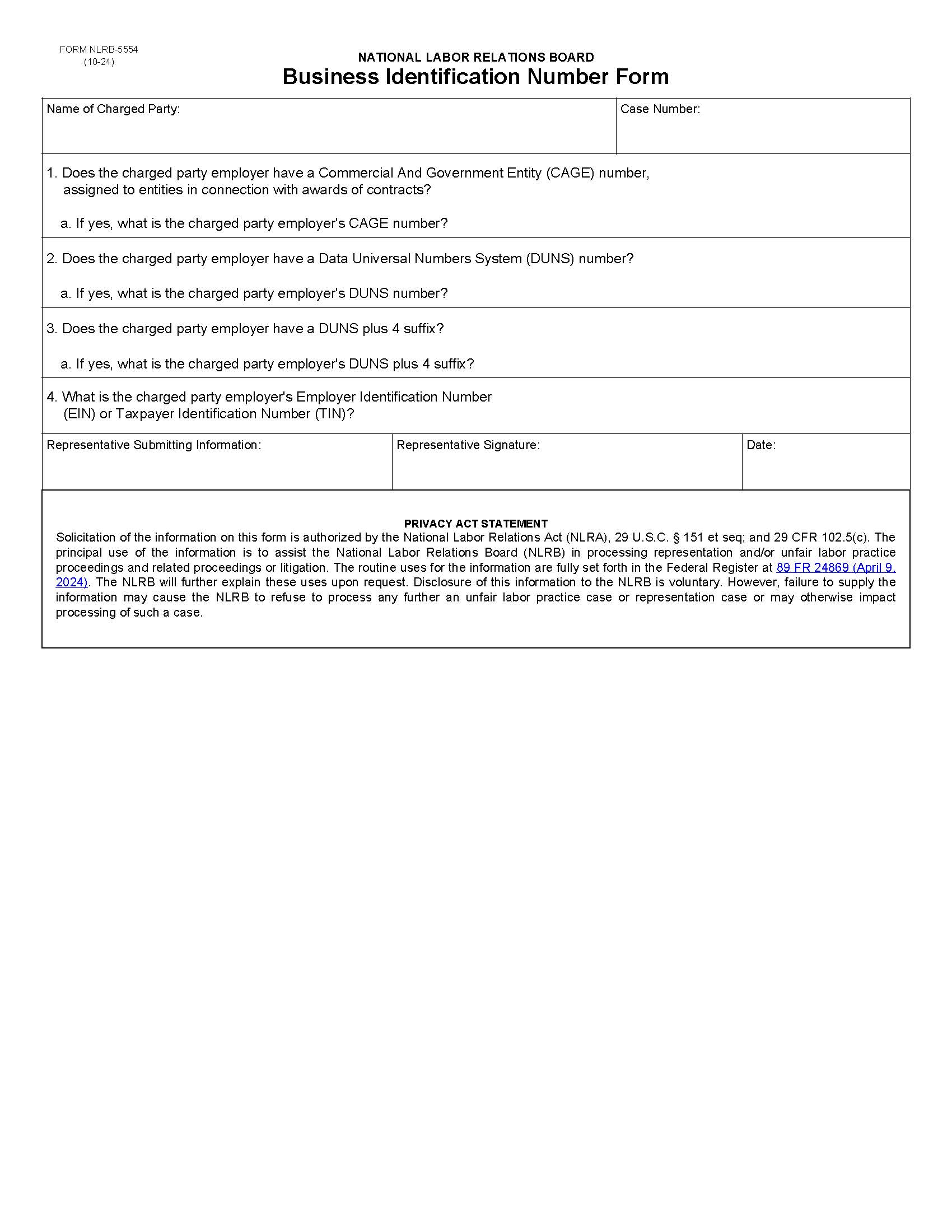 Business Identification Number Form {NLRB-5554} | Pdf Fpdf Doc Docx | Official Federal Forms