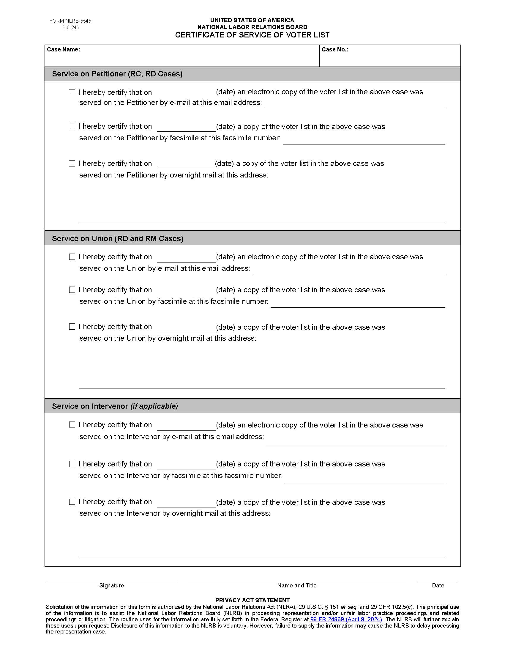Certificate Of Service Of Voter List {NLRB-5545} | Pdf Fpdf Doc Docx | Official Federal Forms