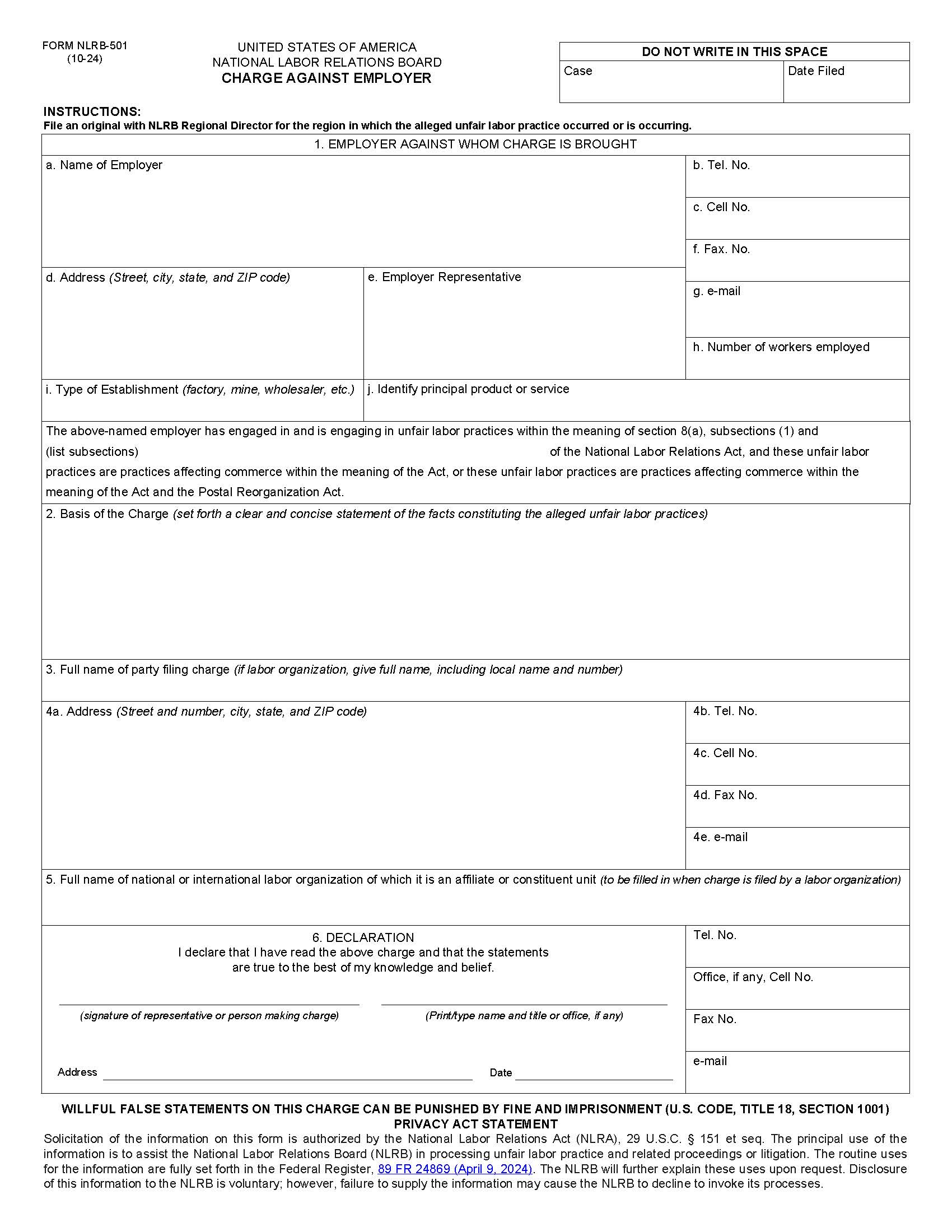 Charge Against Employer {NLRB-501} | Pdf Fpdf Docx | Official Federal Forms