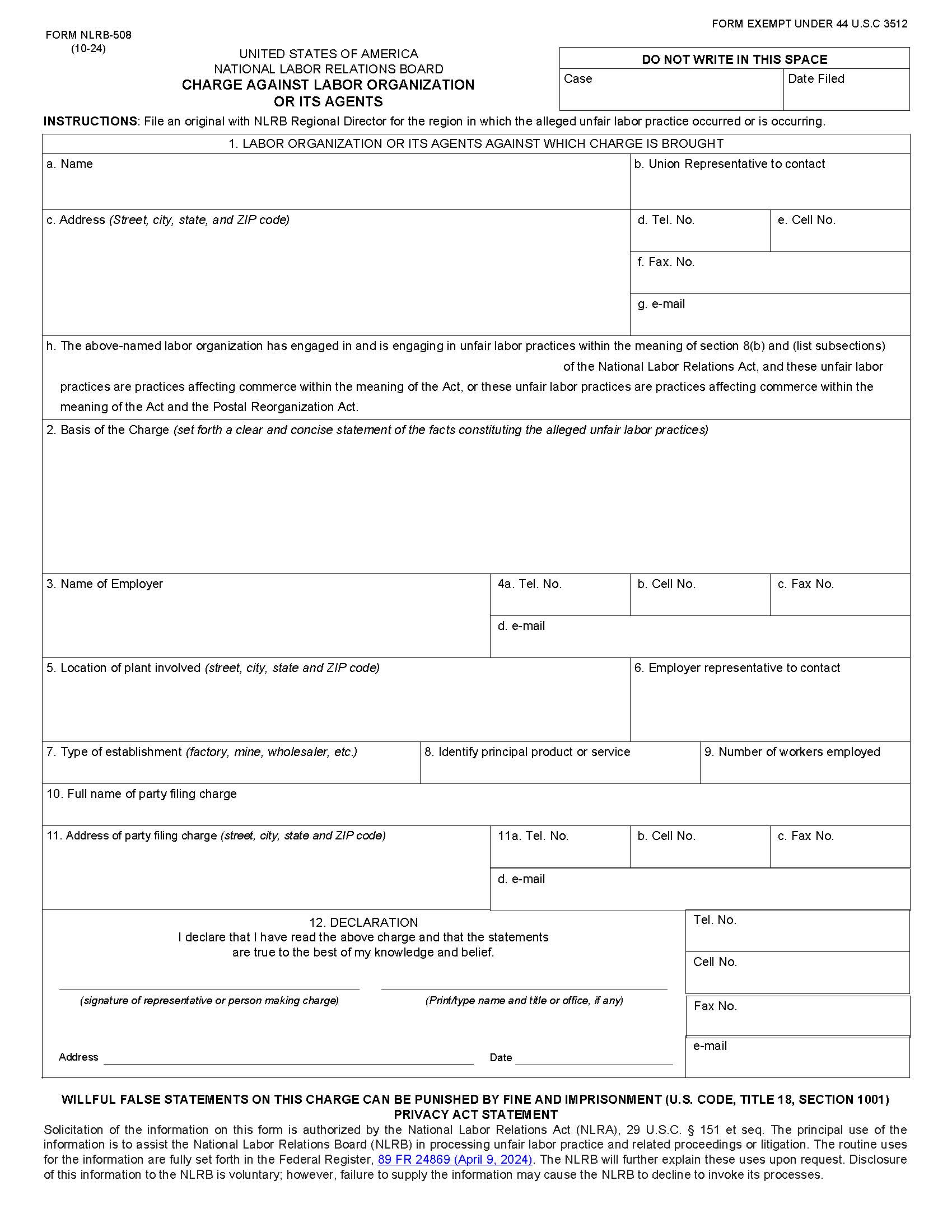 Charge Against Labor Organizations Or Its Agents {NLRB-508} | Pdf Fpdf Docx | Official Federal Forms