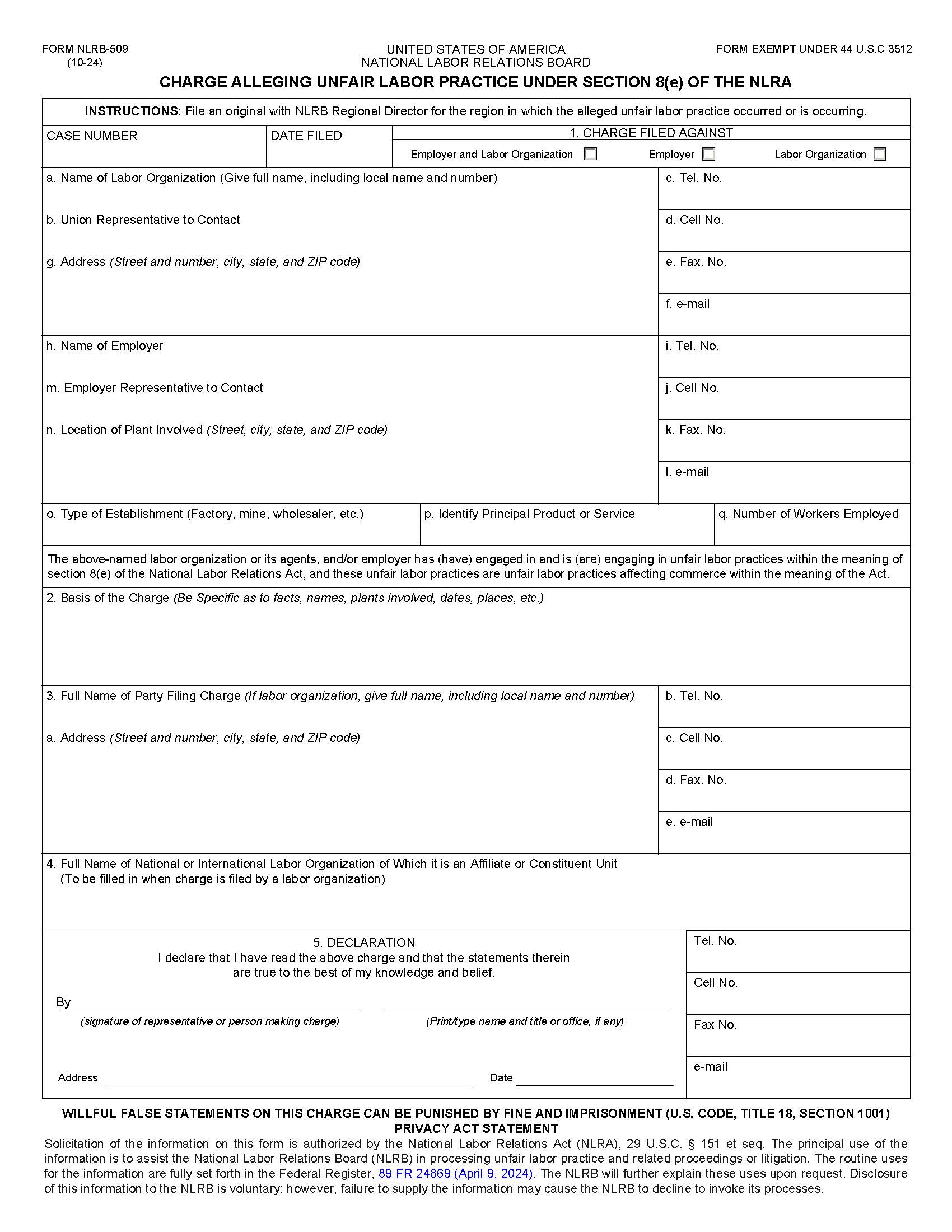Charge Alleging Violation(s) Under Section 8(e) Of The NLRA {NLRB-509} | Pdf Fpdf Docx | Official Federal Forms