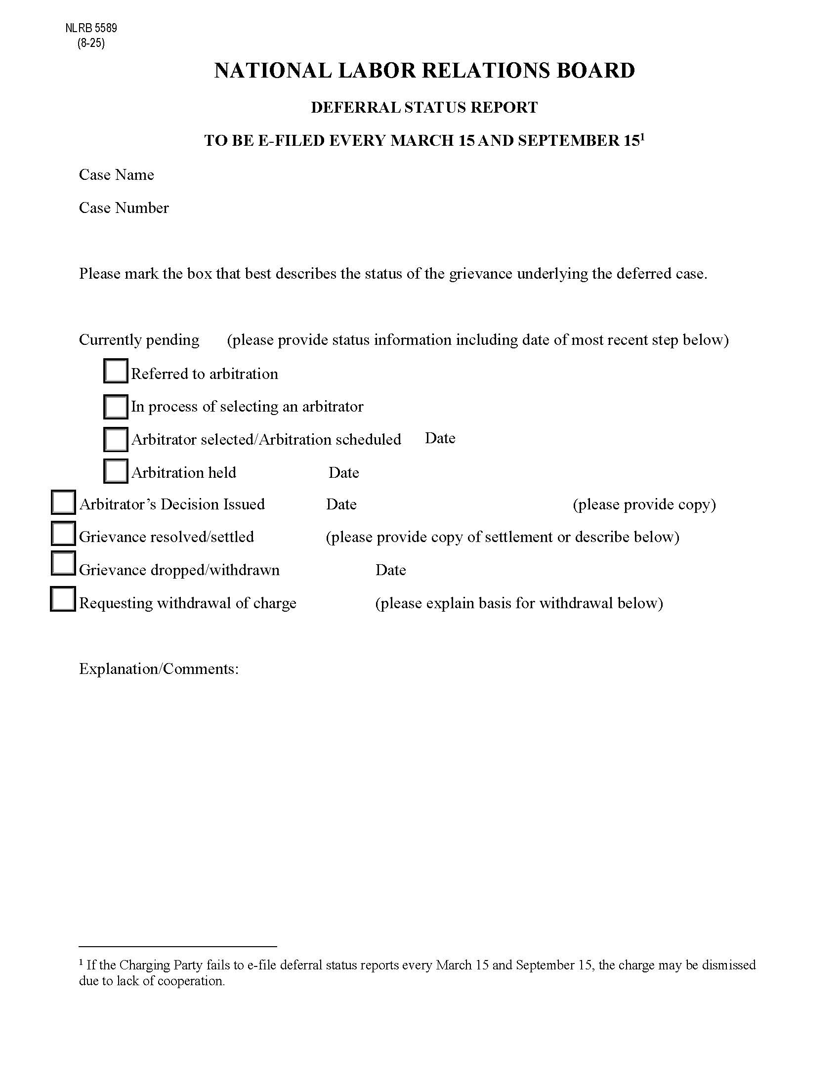 Deferral Status Report {NLRB-5589} | Pdf Fpdf Docx | Official Federal Forms