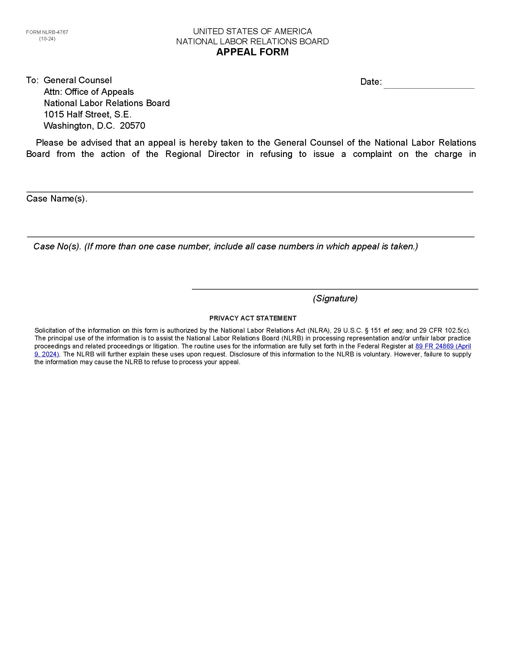 Notice Of Appeal {NLRB-4767} | Pdf Fpdf Doc Docx | Official Federal Forms