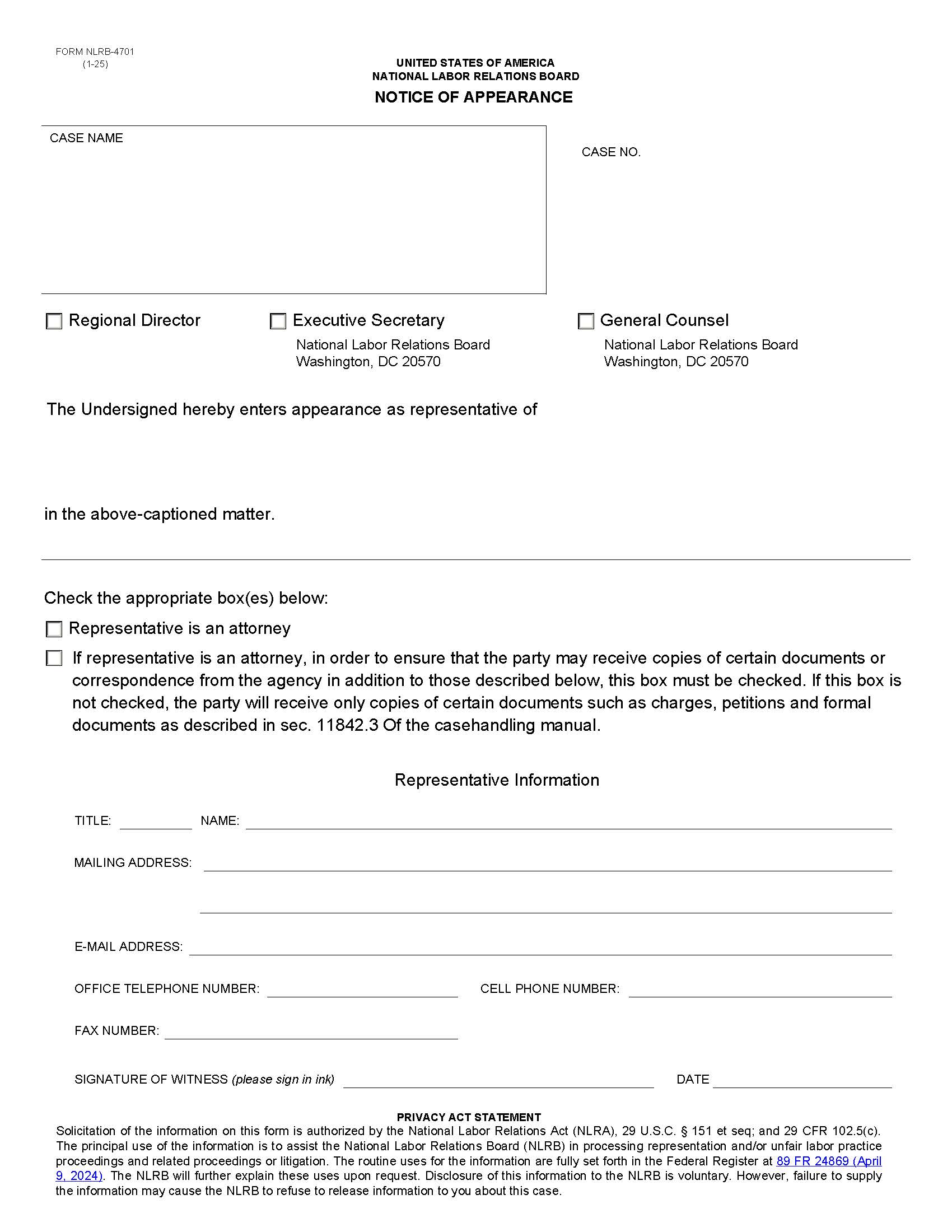 Notice Of Appearance {NLRB-4701} | Pdf Fpdf Doc Docx | Official Federal Forms