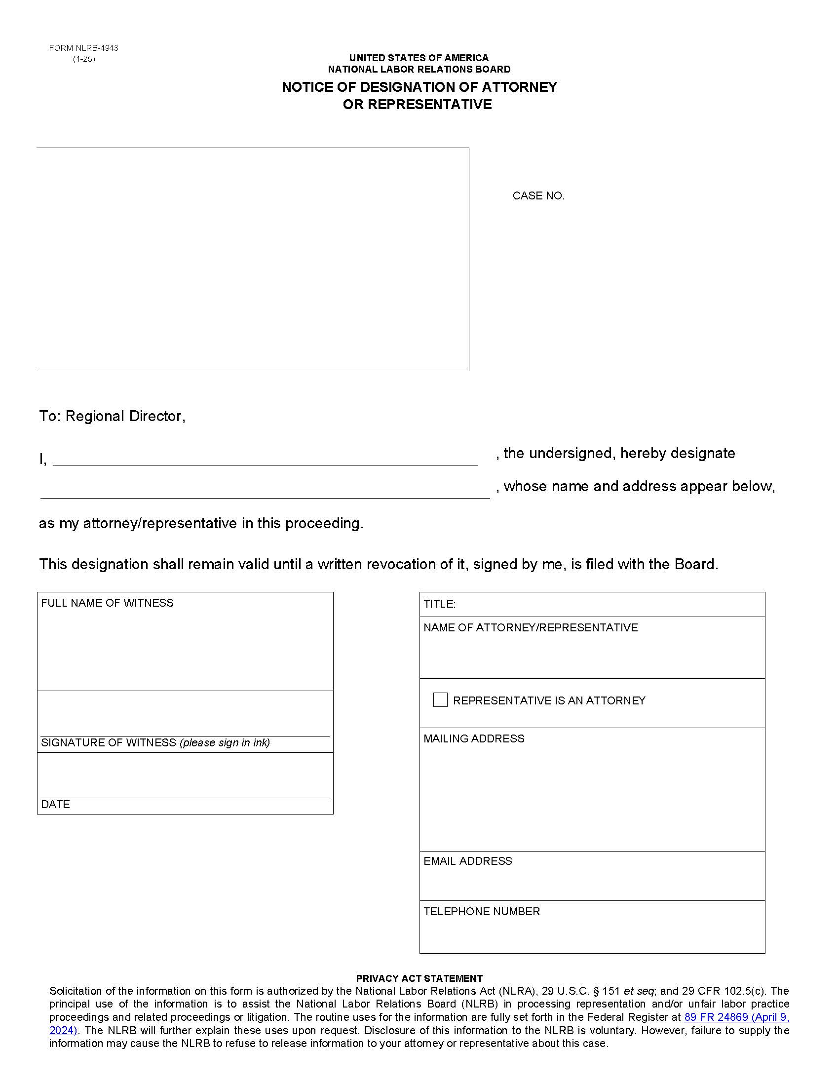 Notice Of Designation Of Attorney Or Representative {NLRB-4943} | Pdf Fpdf Doc Docx | Official Federal Forms