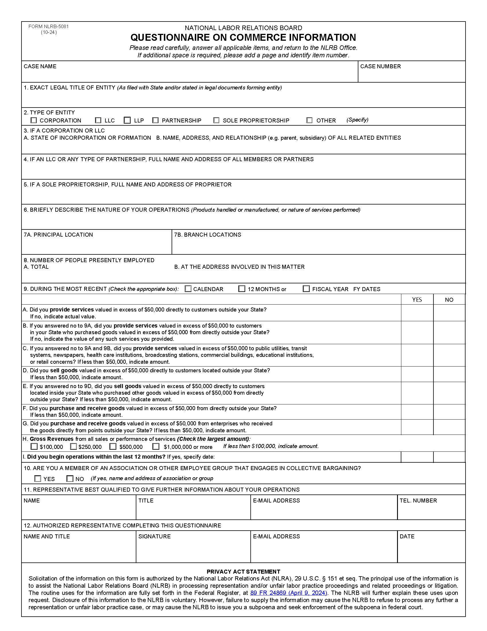 Questionnaire On Commerce Information {NLRB-5081} | Pdf Fpdf Doc Docx | Official Federal Forms