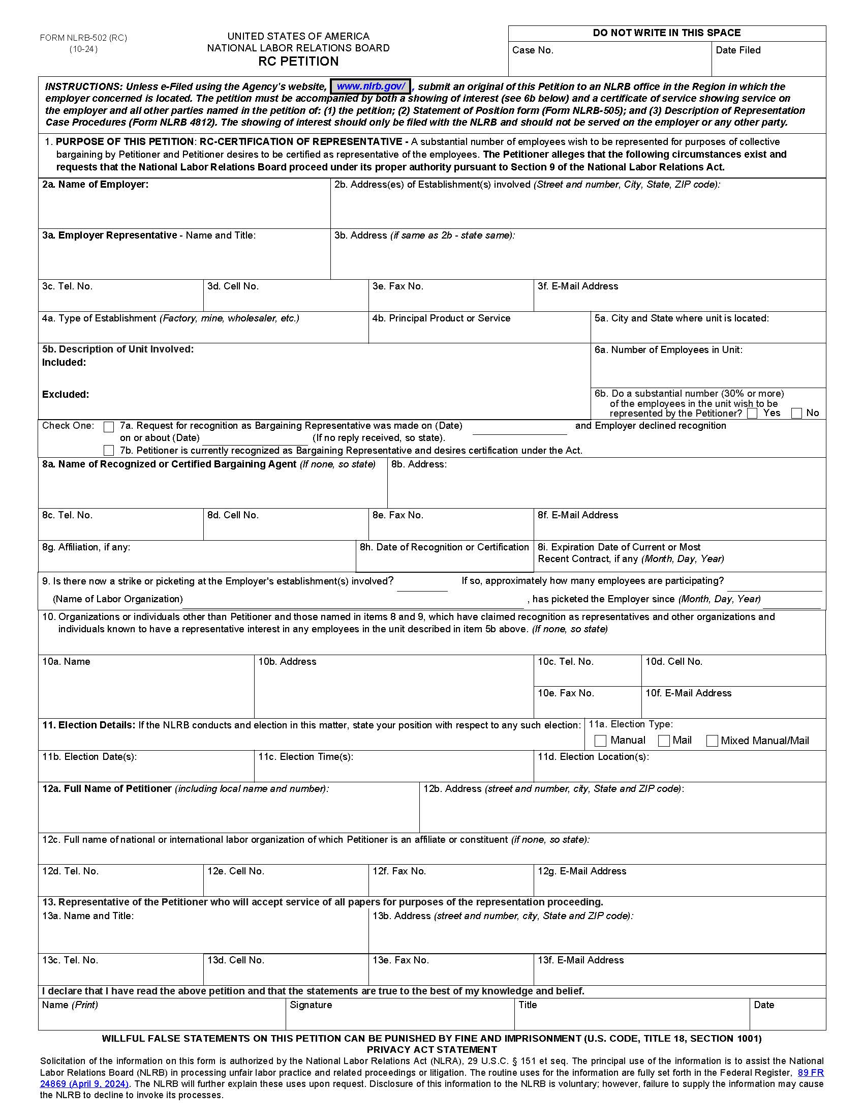 RC Petition {NLRB-502 (RC)} | Pdf Fpdf Docx | Official Federal Forms