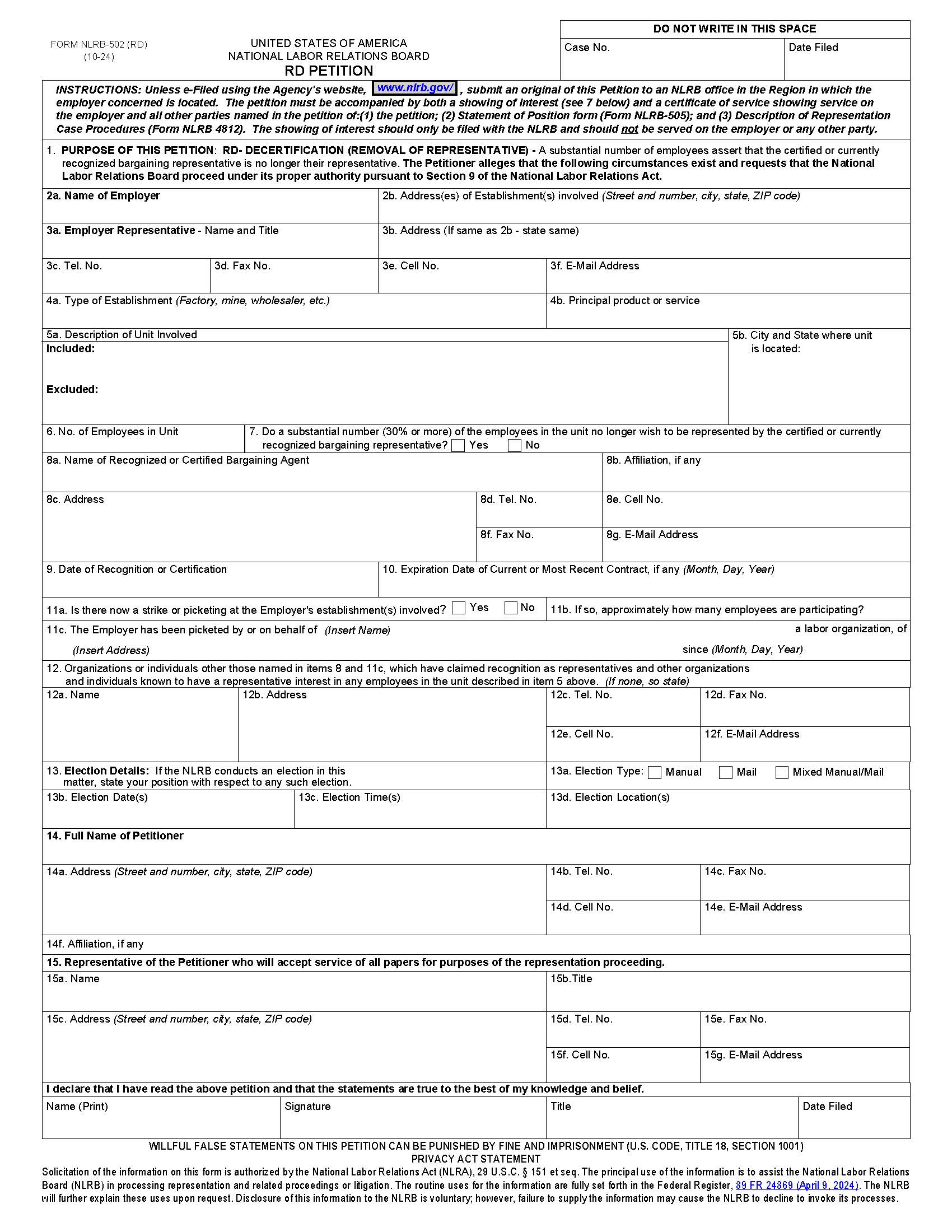 RD Petition {NLRB-502 (RD)} | Pdf Fpdf Docx | Official Federal Forms