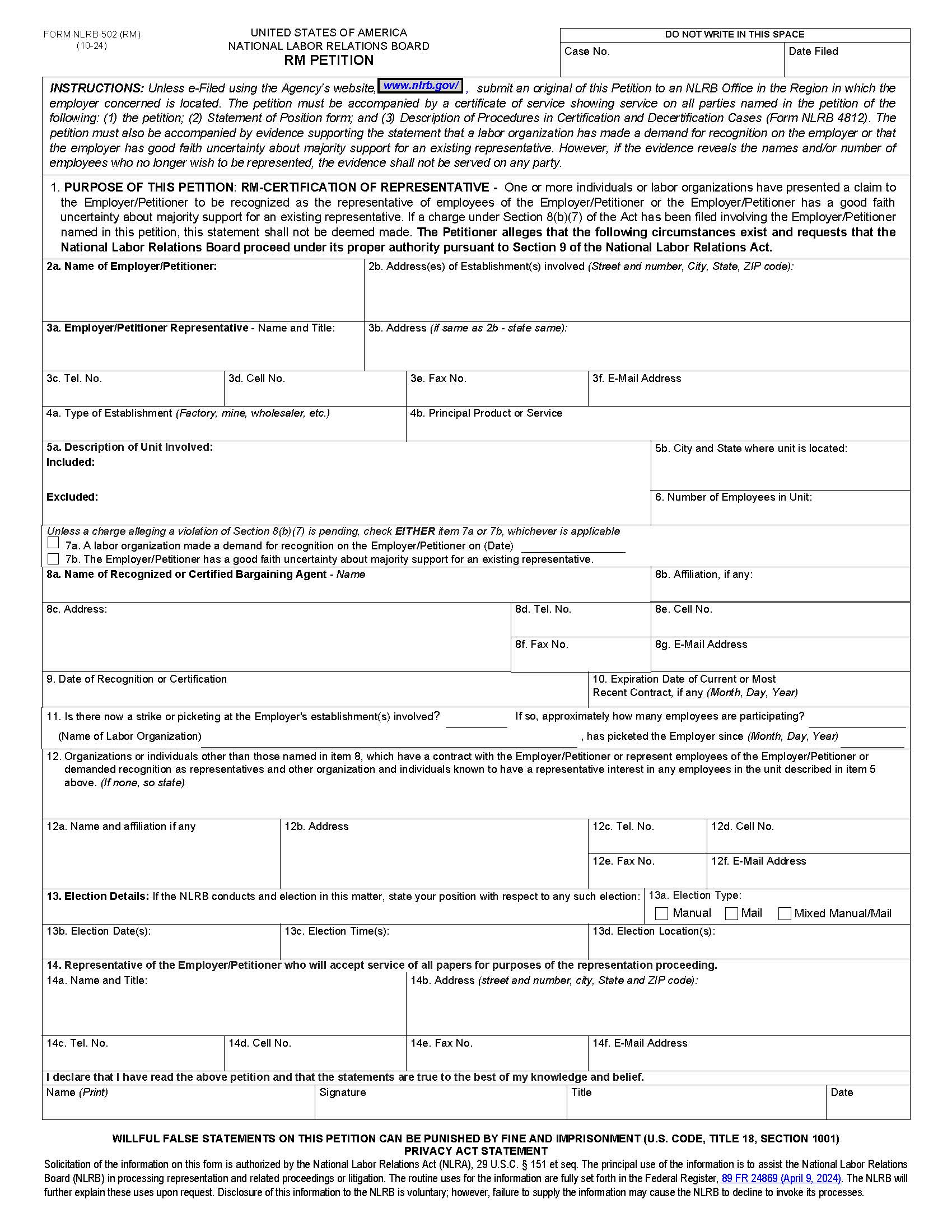RM Petition {NLRB-502 (RM)} | Pdf Fpdf Docx | Official Federal Forms