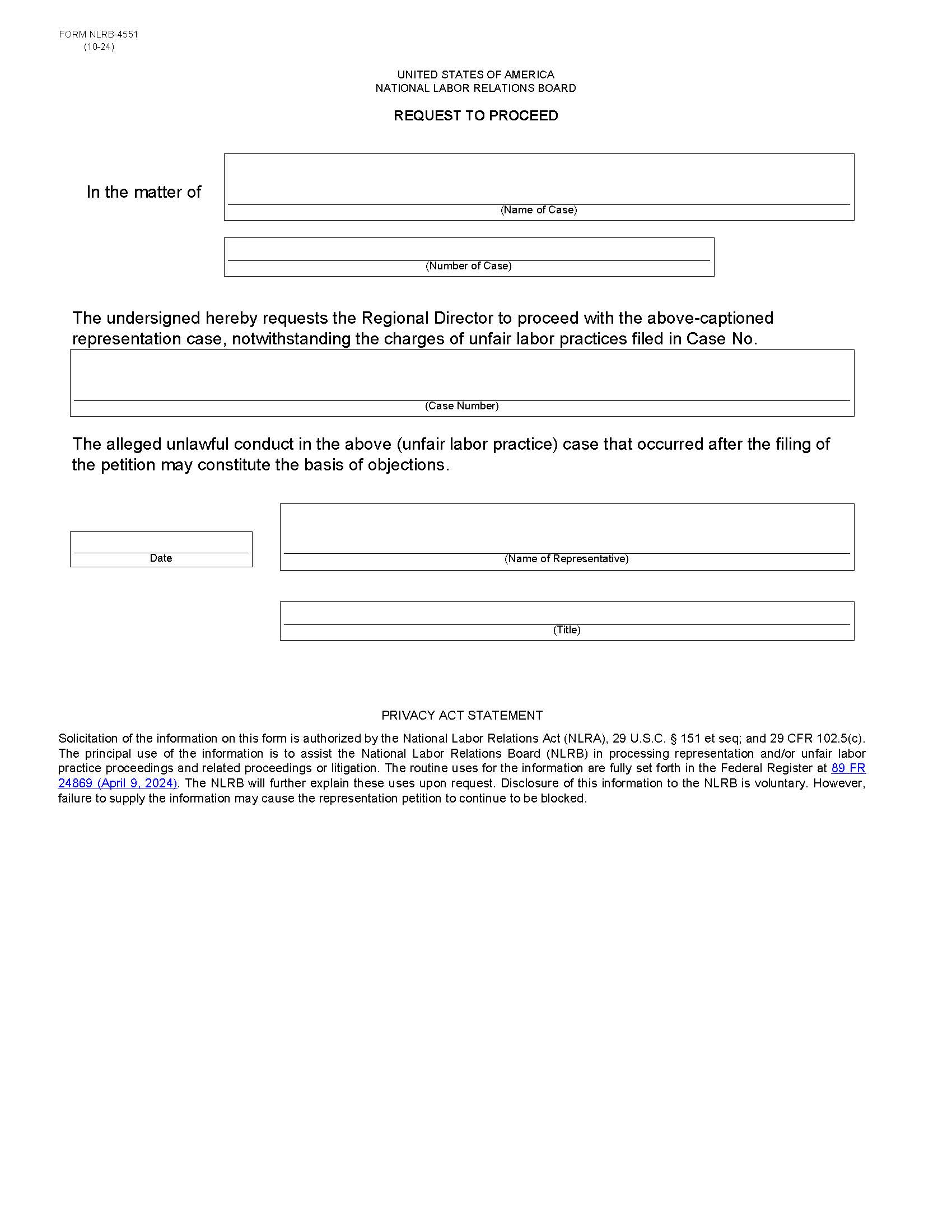 Request To Proceed {NLRB-4551} | Pdf Fpdf Doc Docx | Official Federal Forms